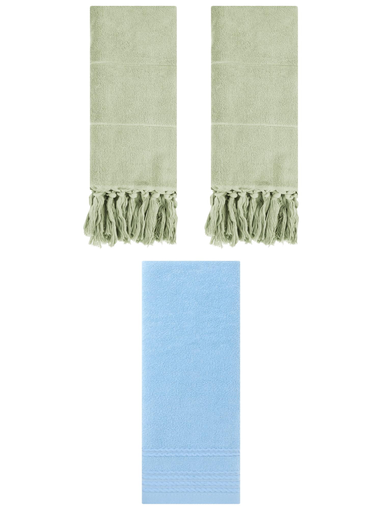 Unique Bargains 3 Pack Striped Tassels Hand Towels for Bathroom 14" x 30" Green/Blue