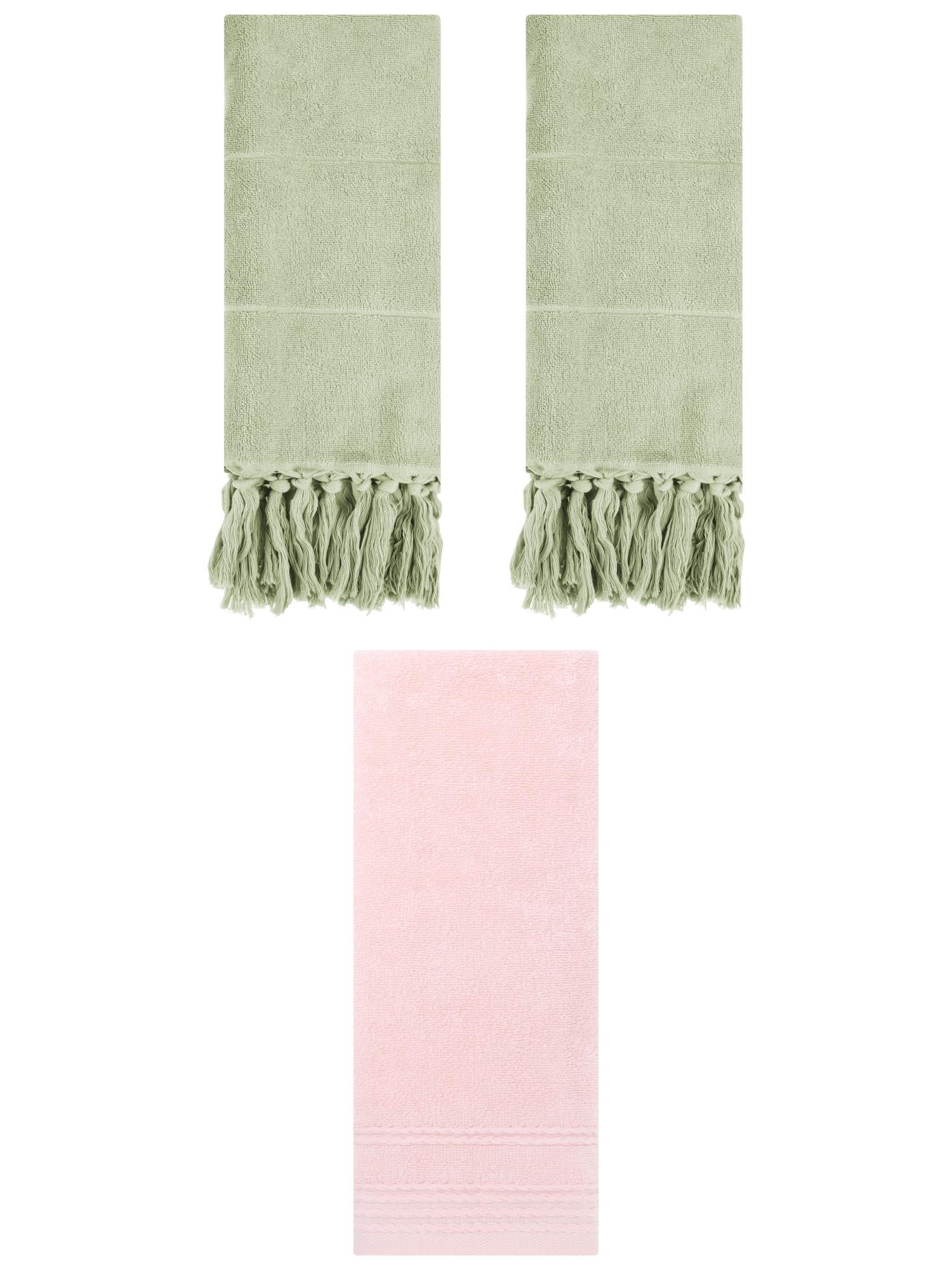 Unique Bargains 3 Pack Striped Tassels Hand Towels for Bathroom 14" x 30" Green/Pink