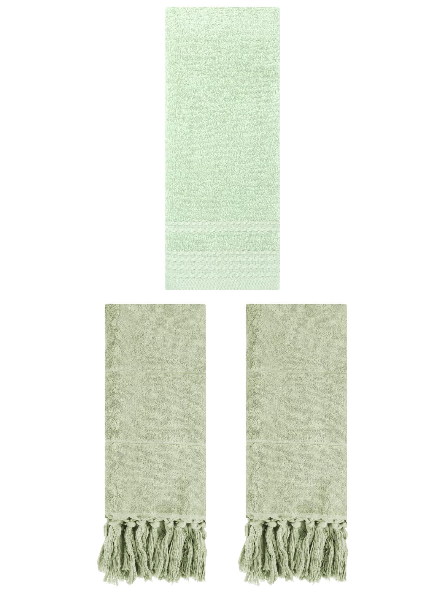 Unique Bargains 3 Pack Striped Tassels Hand Towels for Bathroom 14" x 30" Green