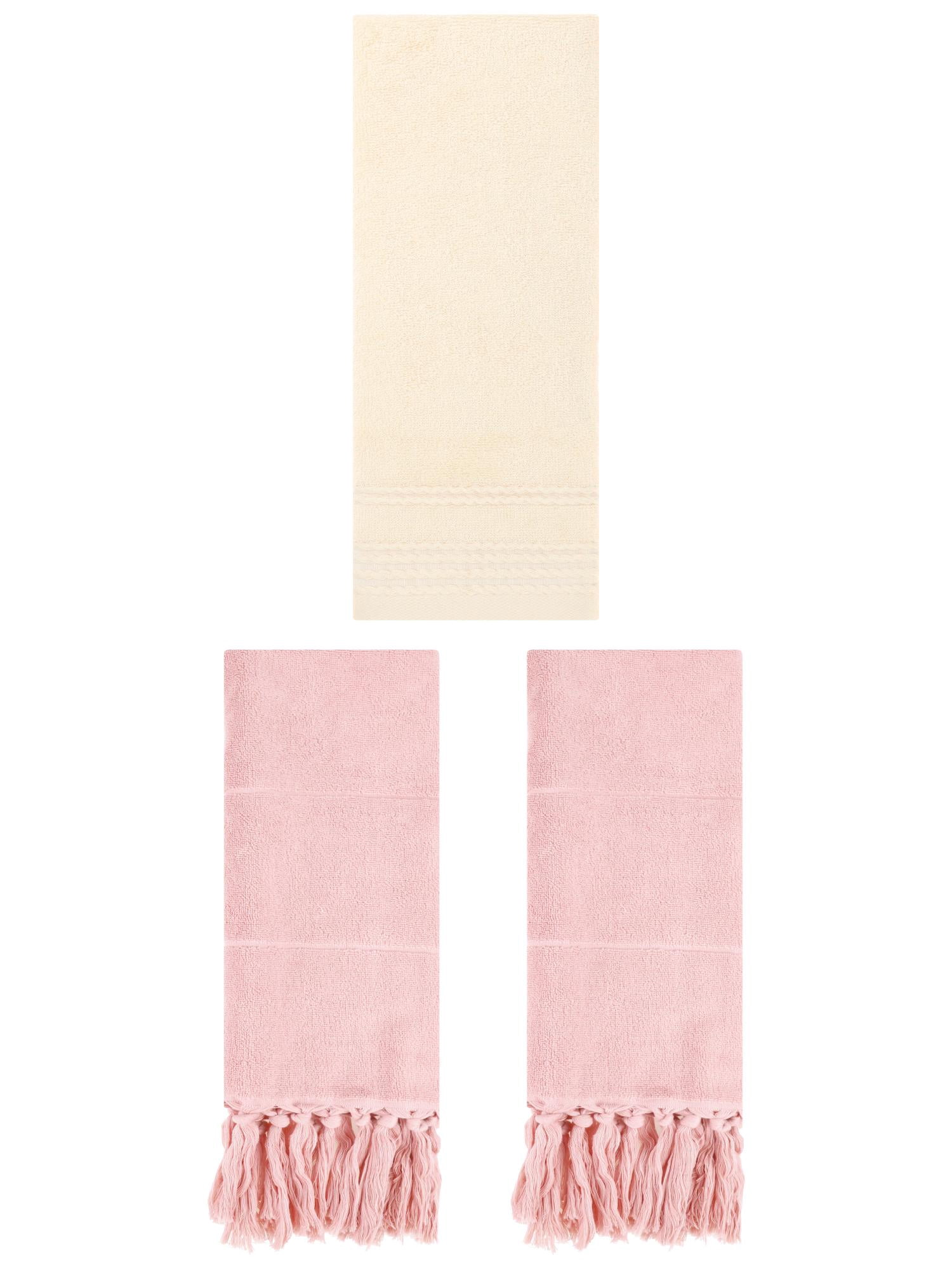 Unique Bargains 3 Pack Striped Tassels Hand Towels for Bathroom 14" x 30" Pink/Beige