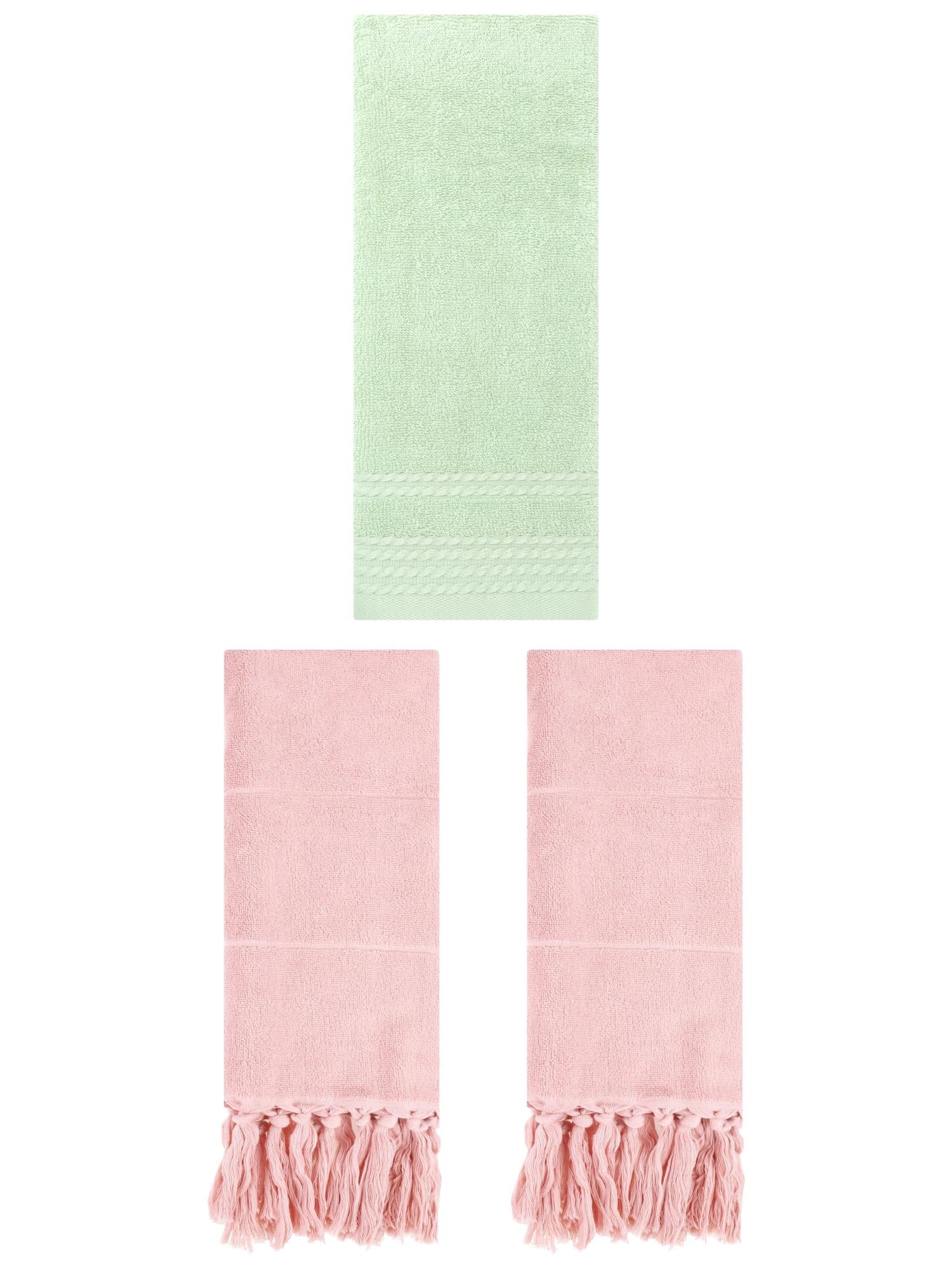 Unique Bargains 3 Pack Striped Tassels Hand Towels for Bathroom 14" x 30" Pink/Green