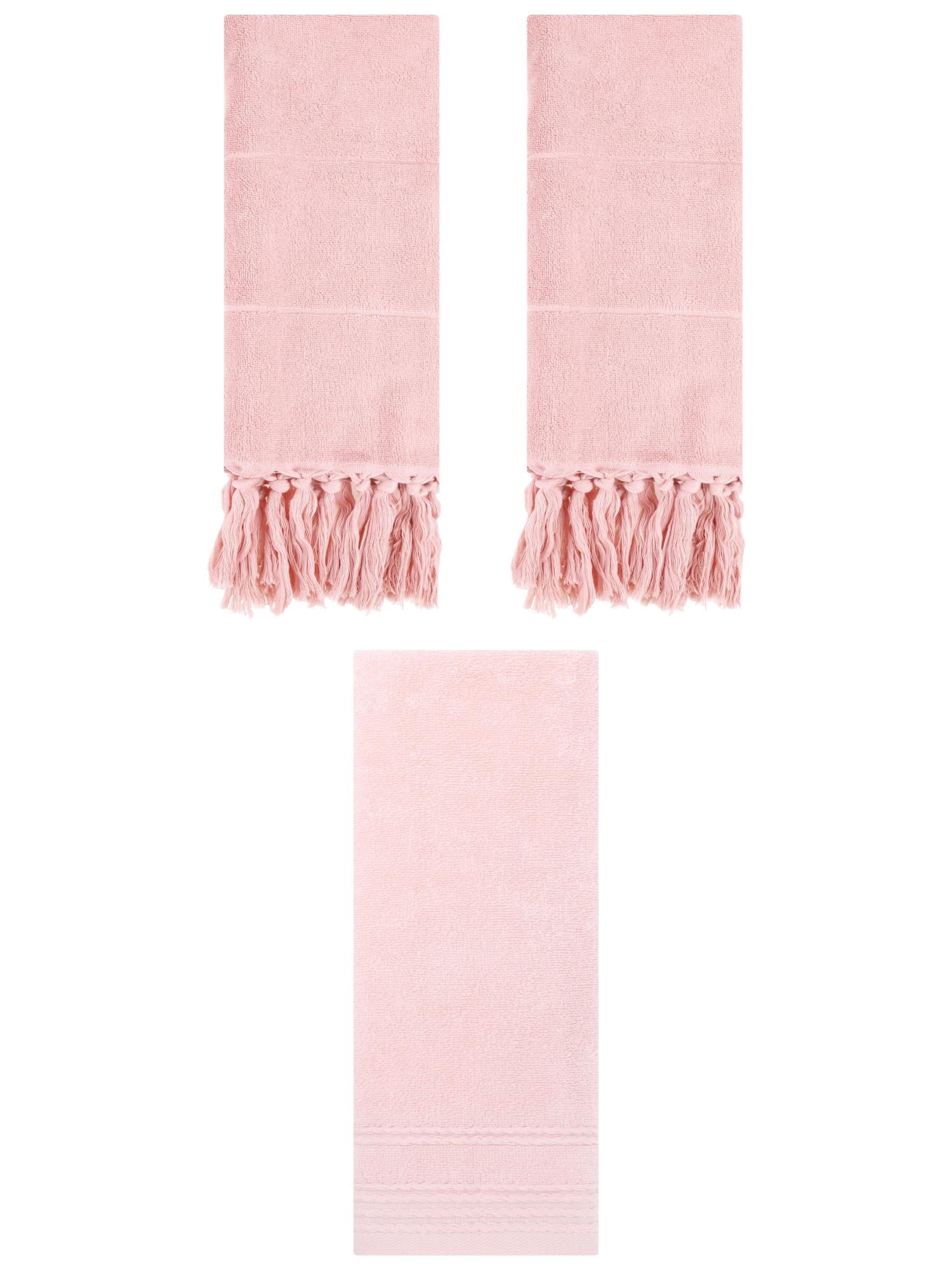 Unique Bargains 3 Pack Striped Tassels Hand Towels for Bathroom 14" x 30" Pink