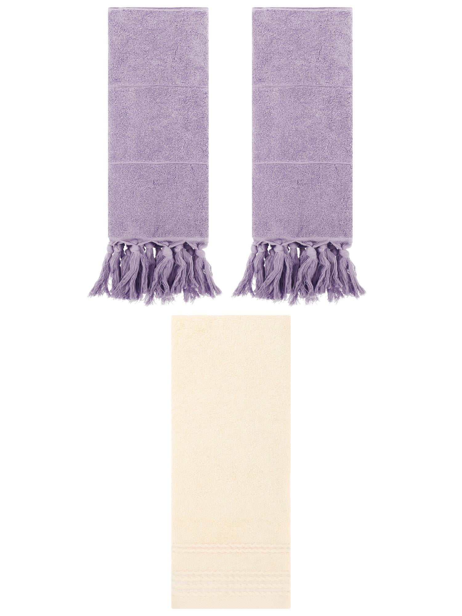 Unique Bargains 3 Pack Striped Tassels Hand Towels for Bathroom 14" x 30" Purple/Beige