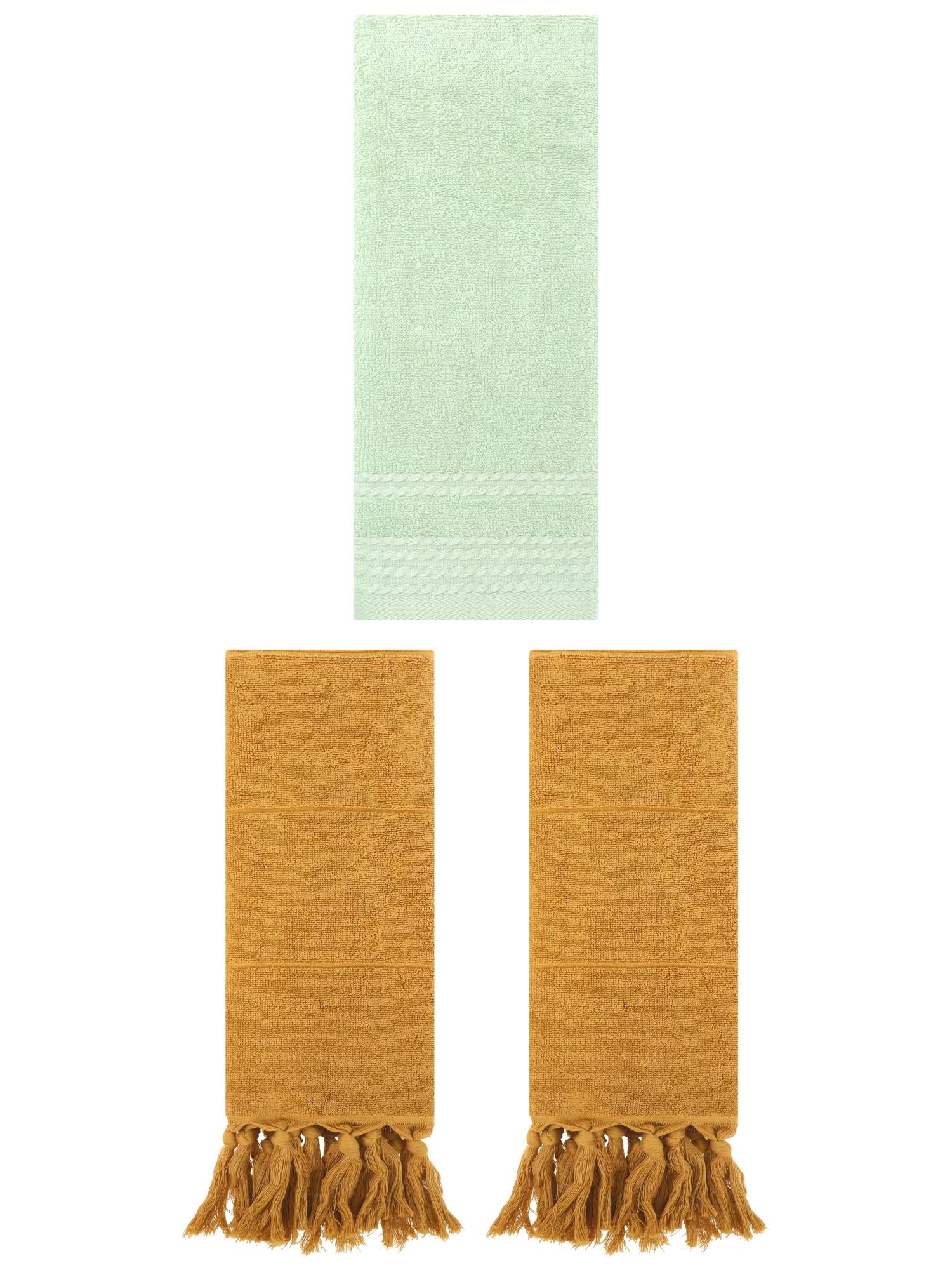 Unique Bargains 3 Pack Striped Tassels Hand Towels for Bathroom 14" x 30" Yellow/Green