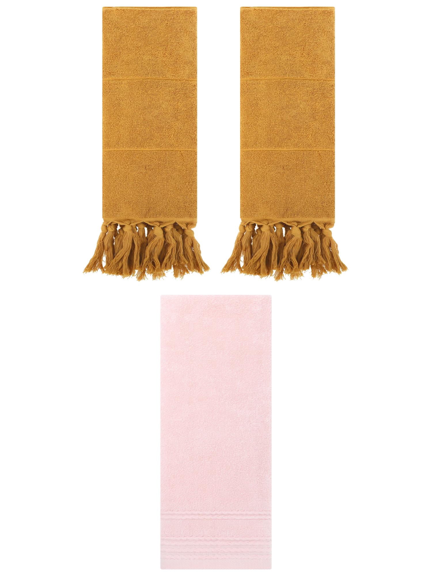 Unique Bargains 3 Pack Striped Tassels Hand Towels for Bathroom 14" x 30" Yellow/Pink