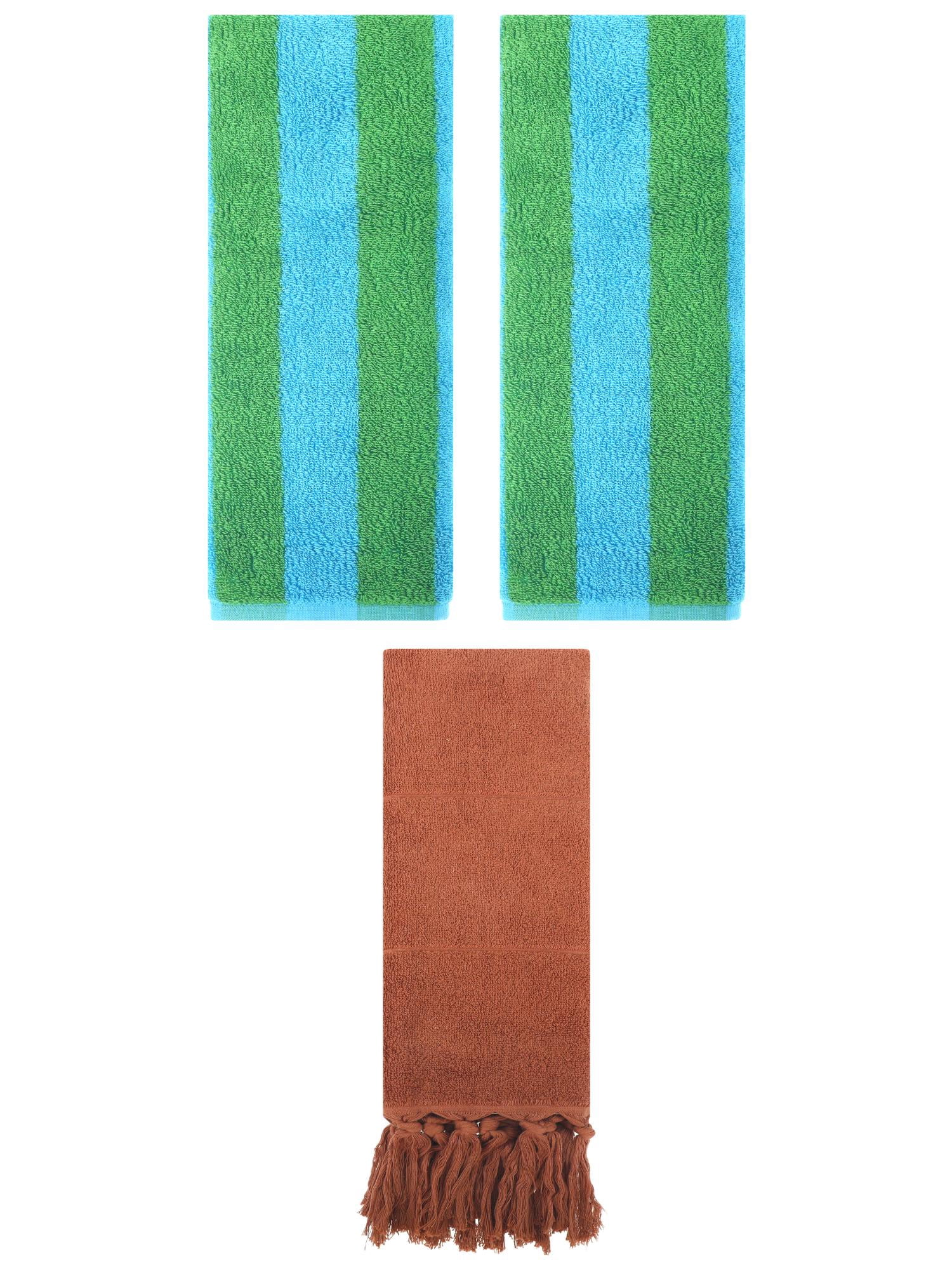 Unique Bargains 3 Pack Striped and Solid Tassels Hand Towel Brown/Blue Green