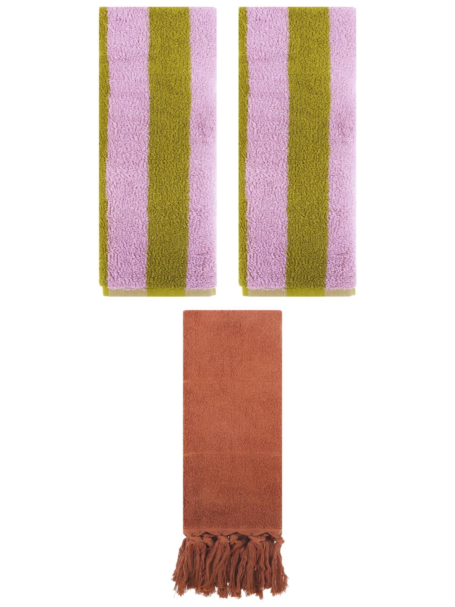 Unique Bargains 3 Pack Striped and Solid Tassels Hand Towel Brown/Pink Brown