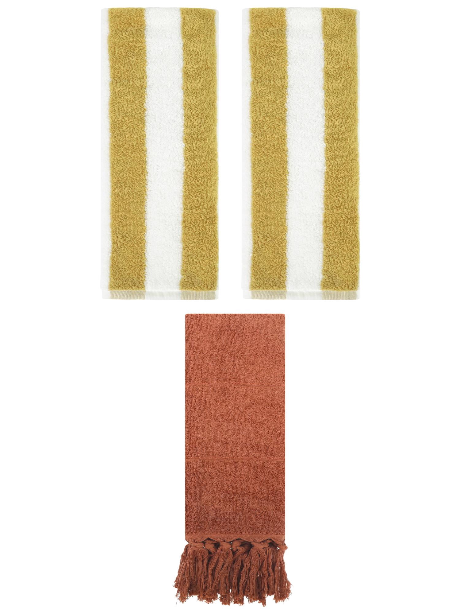 Unique Bargains 3 Pack Striped and Solid Tassels Hand Towel Brown/Yellow White