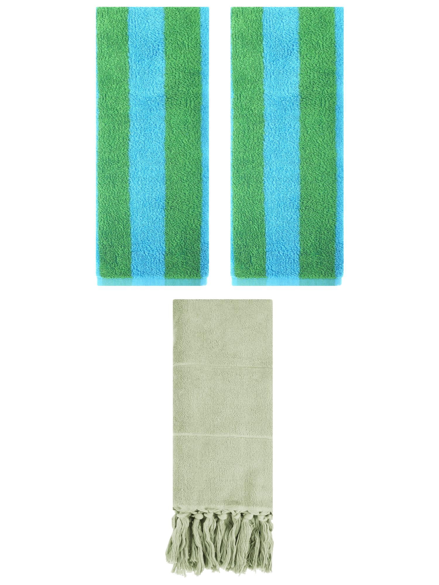 Unique Bargains 3 Pack Striped and Solid Tassels Hand Towel Green/Blue Green