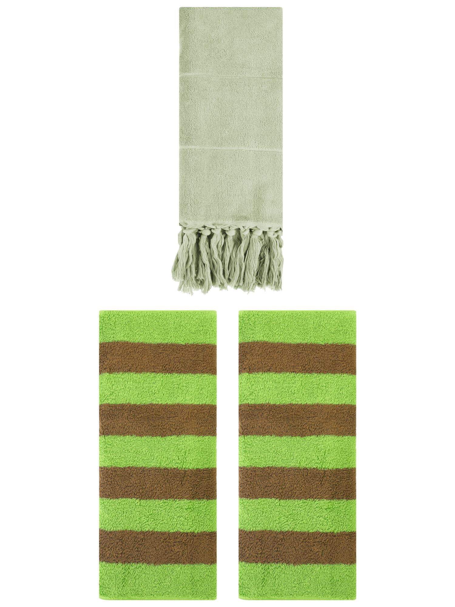 Unique Bargains 3 Pack Striped and Solid Tassels Hand Towel Green/Green Brown