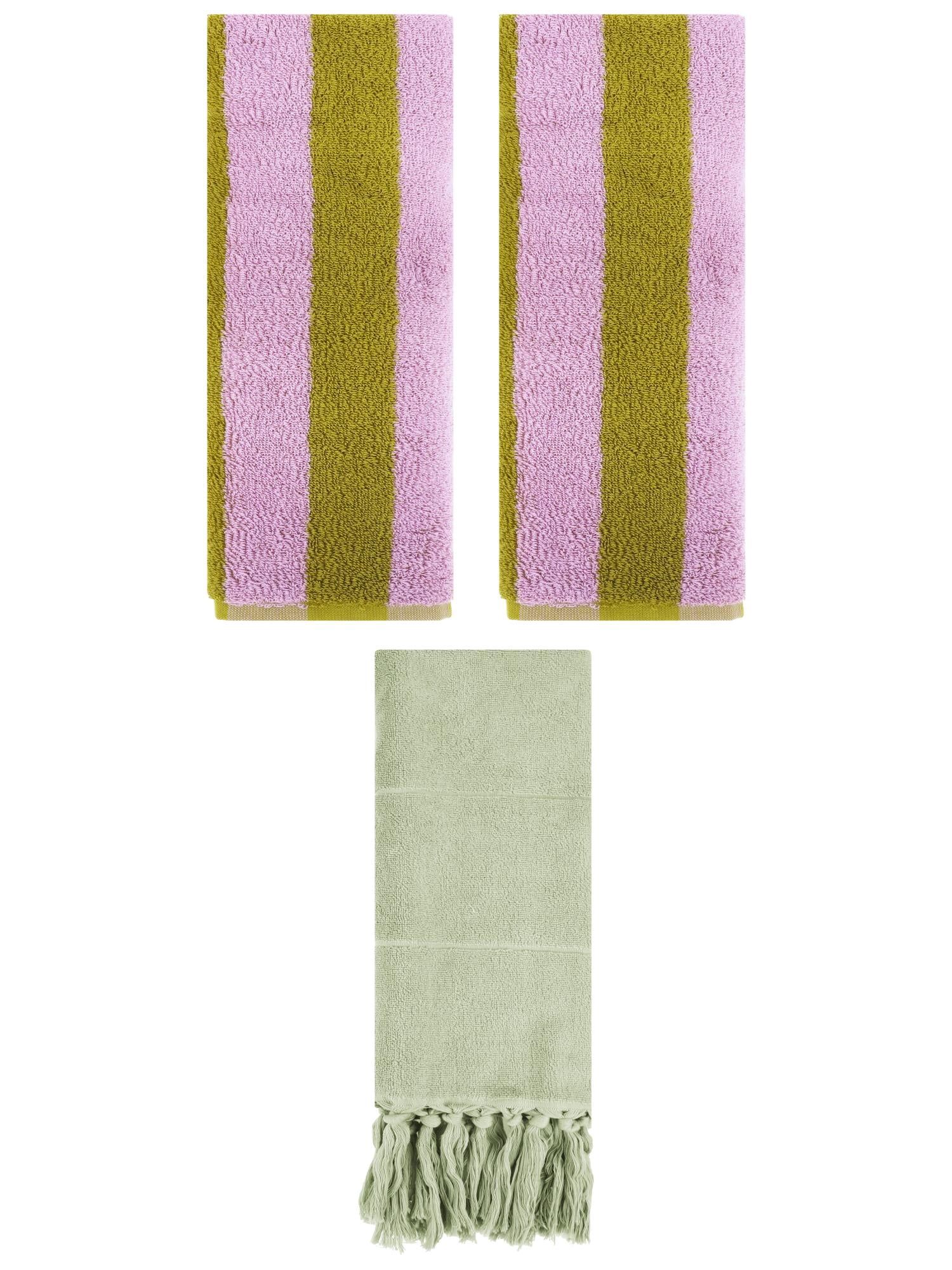 Unique Bargains 3 Pack Striped and Solid Tassels Hand Towel Green/Pink Brown