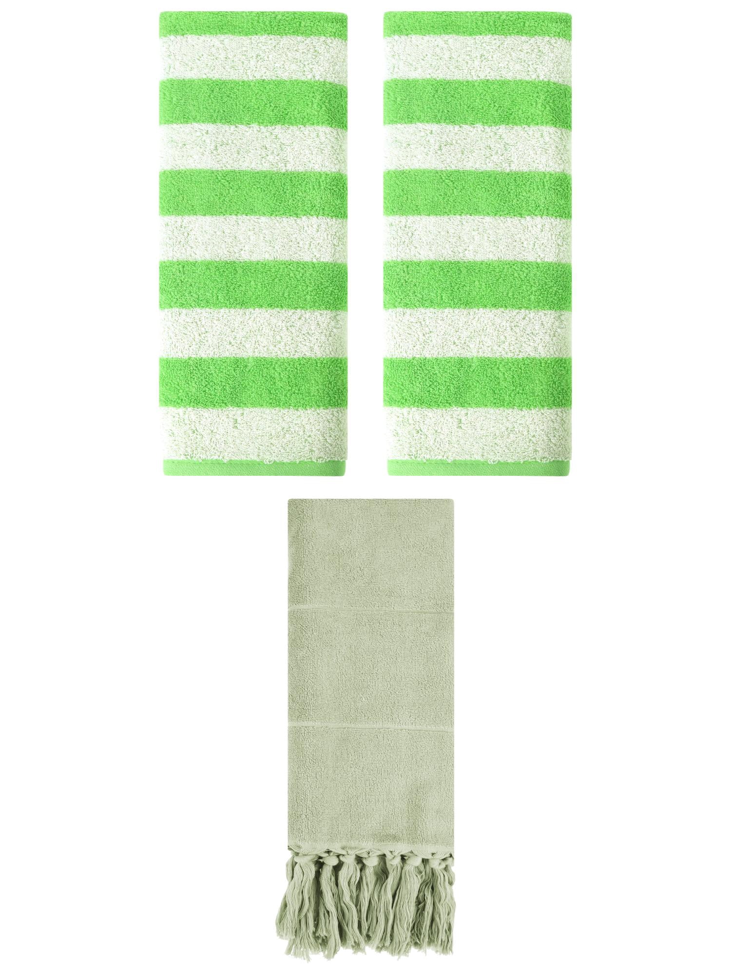 Unique Bargains 3 Pack Striped and Solid Tassels Hand Towel Green