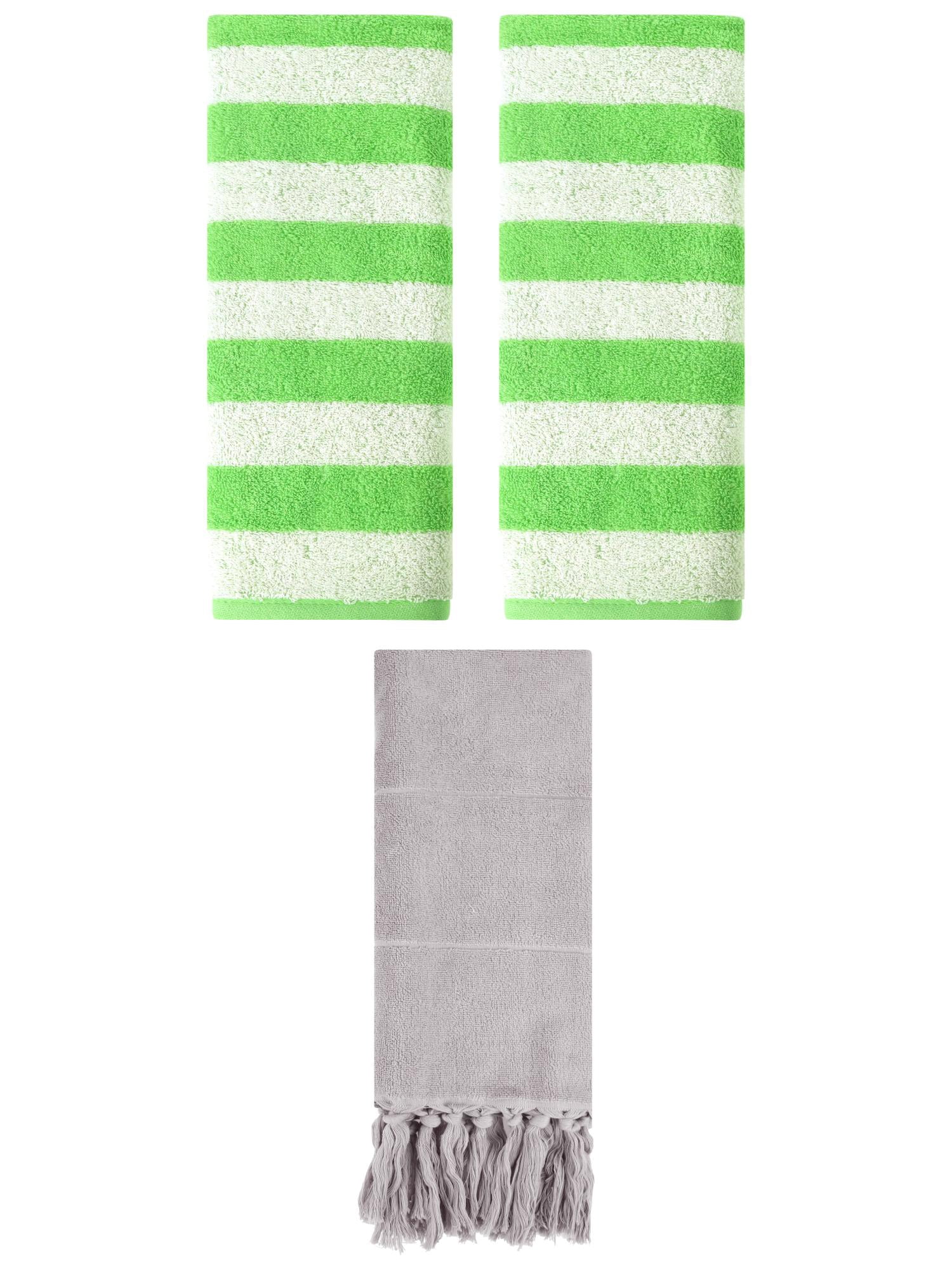 Unique Bargains 3 Pack Striped and Solid Tassels Hand Towel Grey/Green