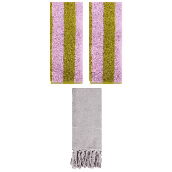 Unique Bargains 3 Pack Striped and Solid Tassels Hand Towel Grey/Pink Brown