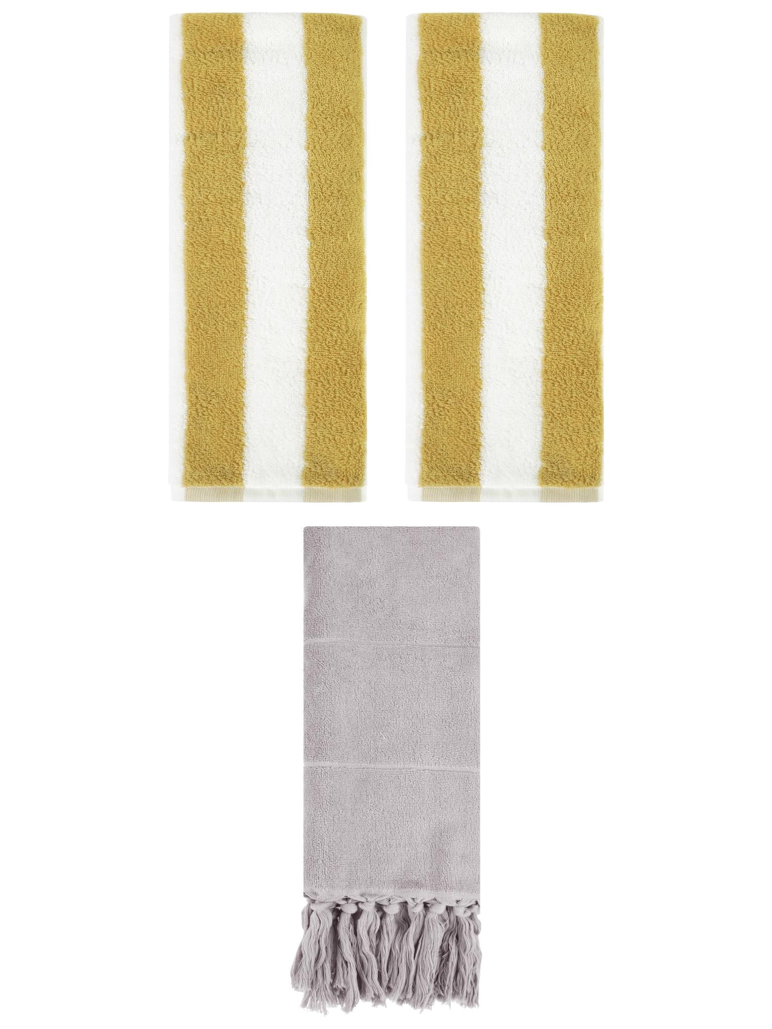 Unique Bargains 3 Pack Striped and Solid Tassels Hand Towel Grey/Yellow White