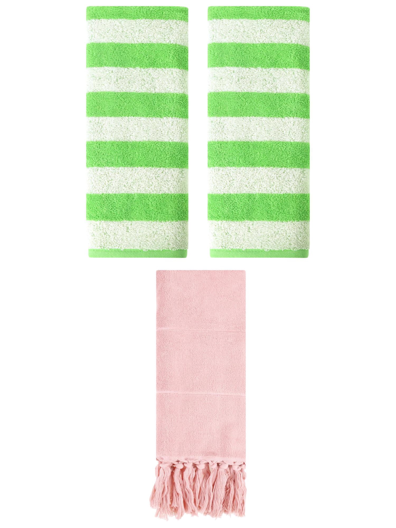 Unique Bargains 3 Pack Striped and Solid Tassels Hand Towel Pink/Green