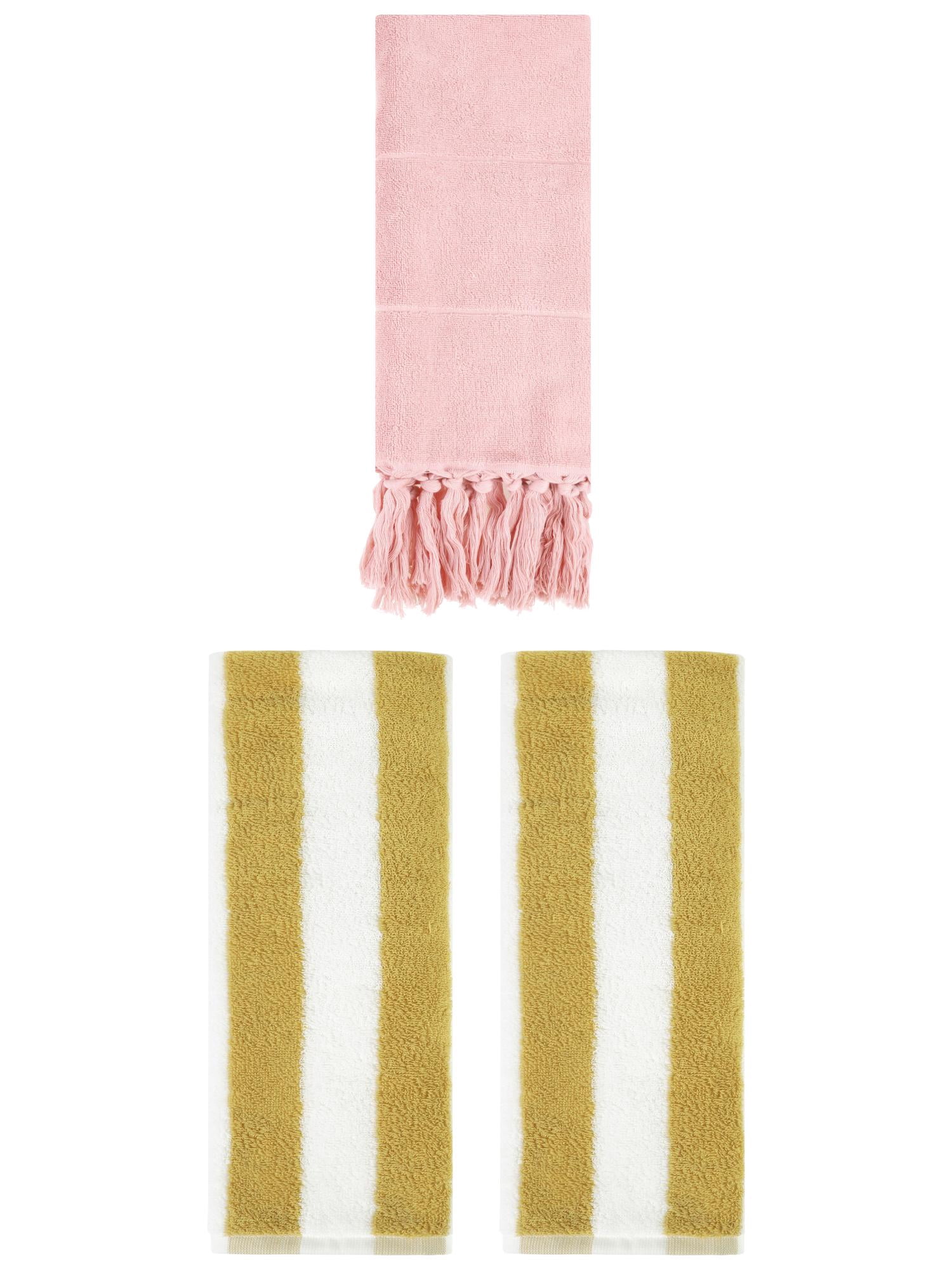 Unique Bargains 3 Pack Striped and Solid Tassels Hand Towel Pink/Yellow White