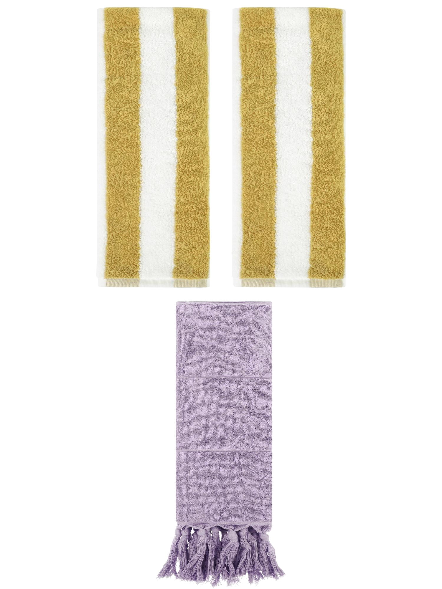 Unique Bargains 3 Pack Striped and Solid Tassels Hand Towel Purple/Yellow White