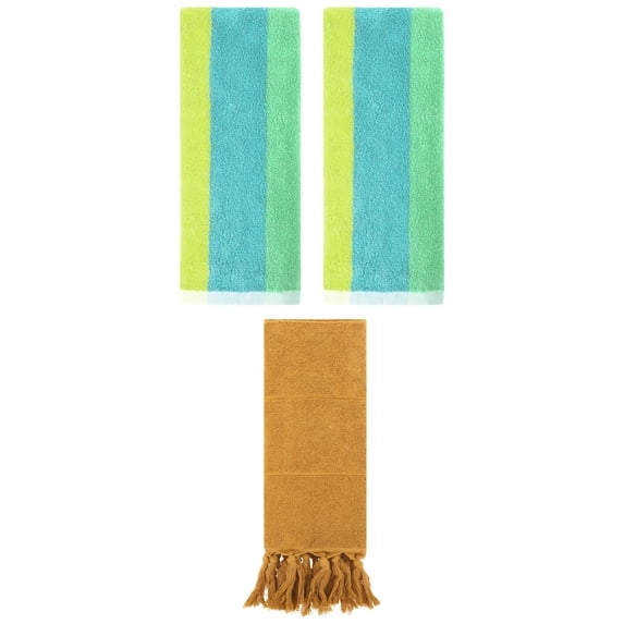 Unique Bargains 3 Pack Striped and Solid Tassels Hand Towel Yellow/Green Blue