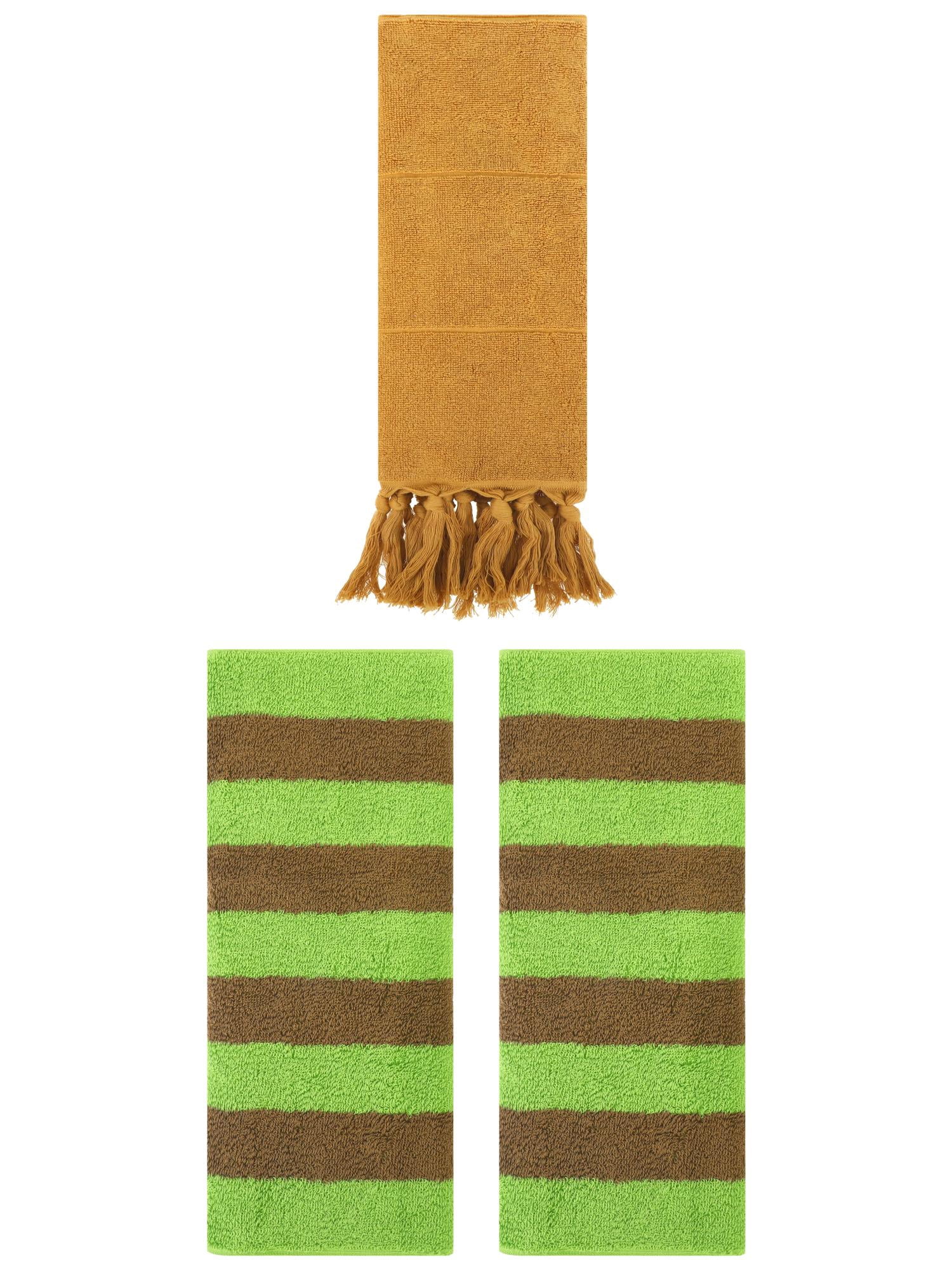 Unique Bargains 3 Pack Striped and Solid Tassels Hand Towel Yellow/Green Brown