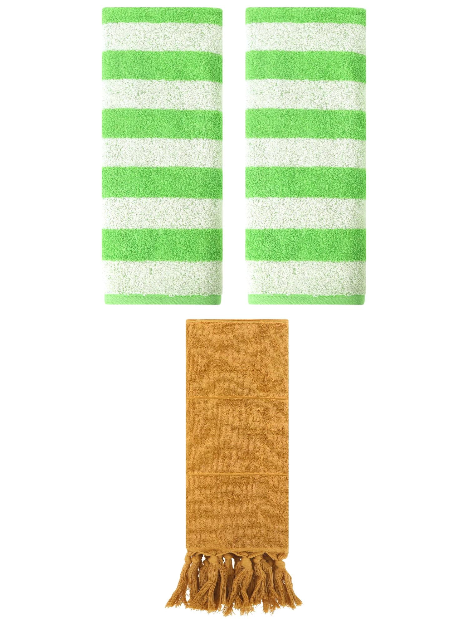 Unique Bargains 3 Pack Striped and Solid Tassels Hand Towel Yellow/Green