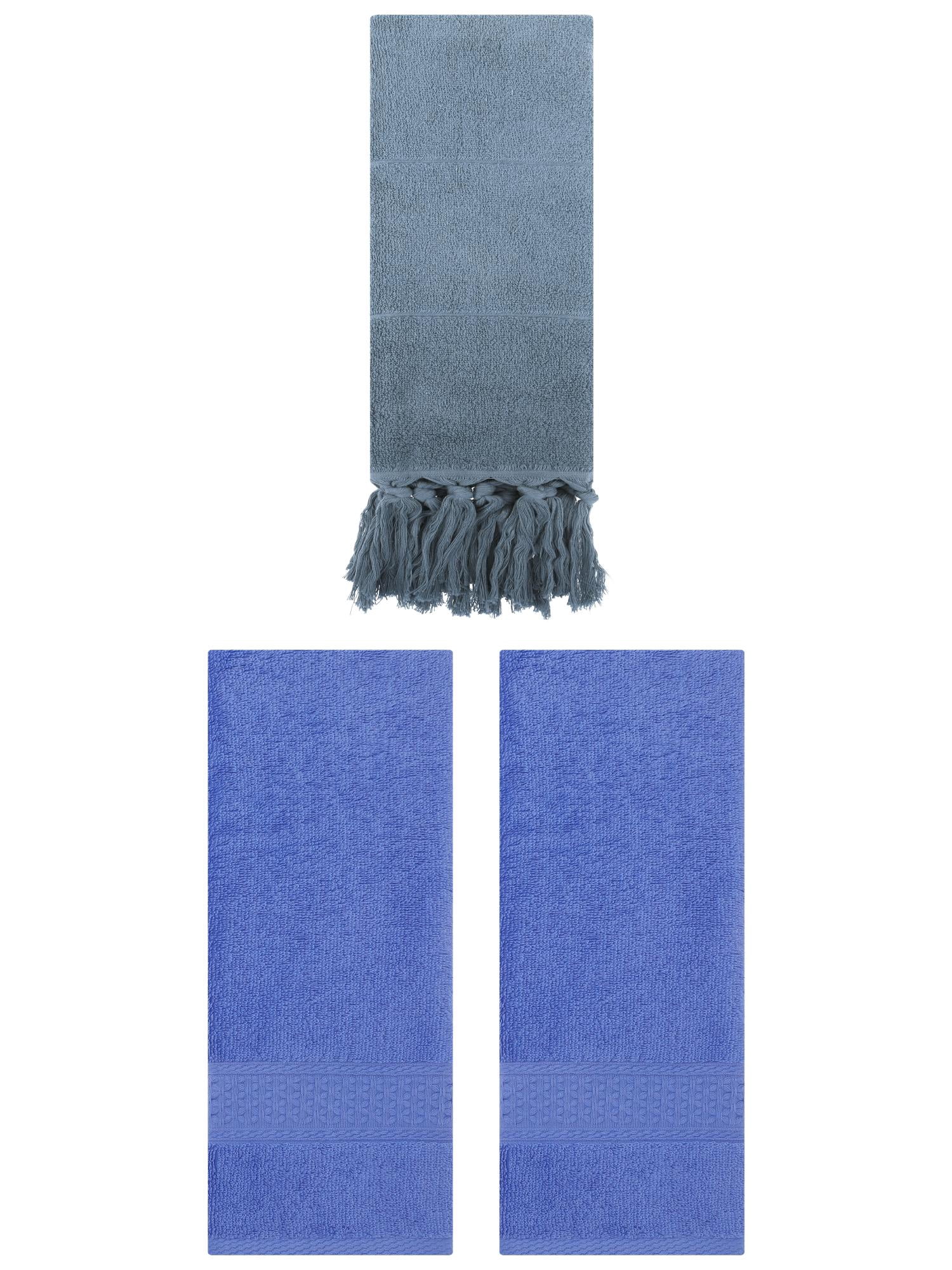 Unique Bargains 3 Packs Textured Tassels Hand Towel Blue 14" x 30"/13" x 30"