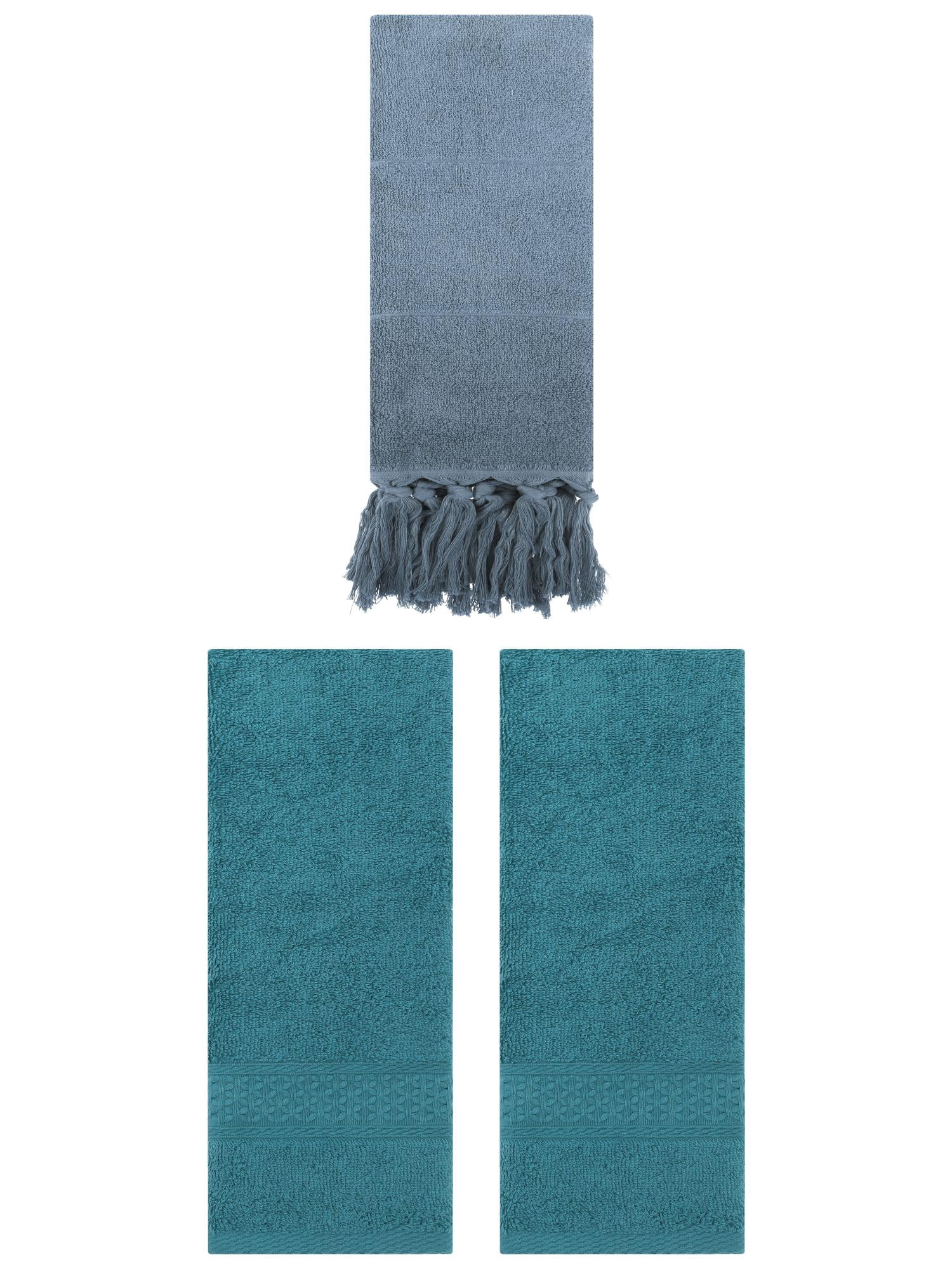 Unique Bargains 3 Packs Textured Tassels Hand Towel Blue/Dark Green 14" x 30"/13" x 30"