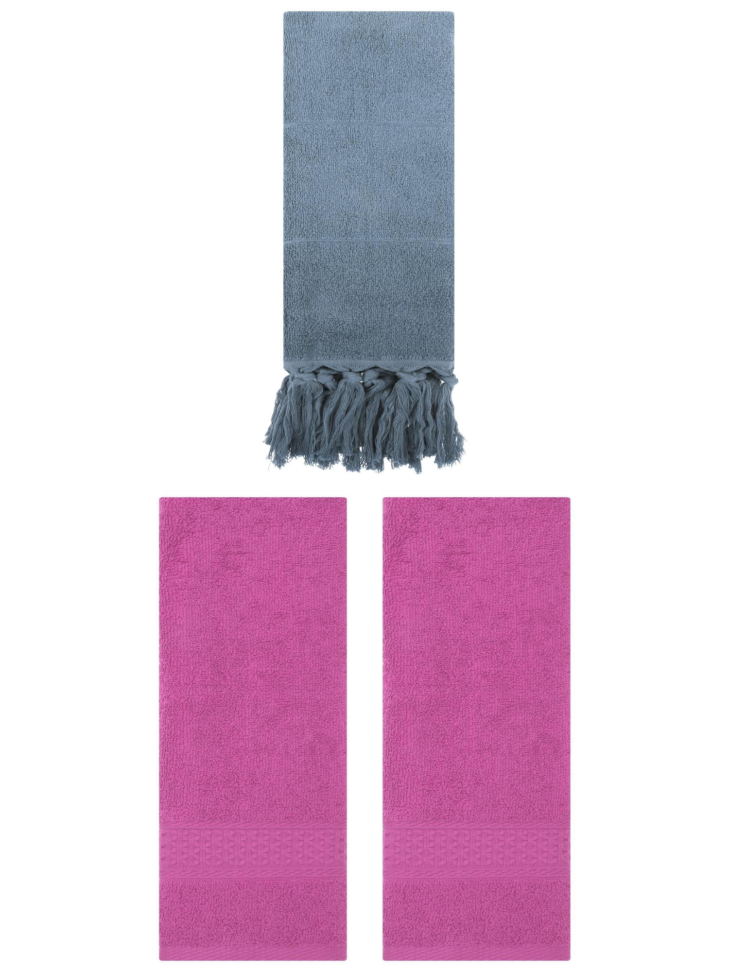 Unique Bargains 3 Packs Textured Tassels Hand Towel Blue/Dark Pink 14" x 30"/13" x 30"