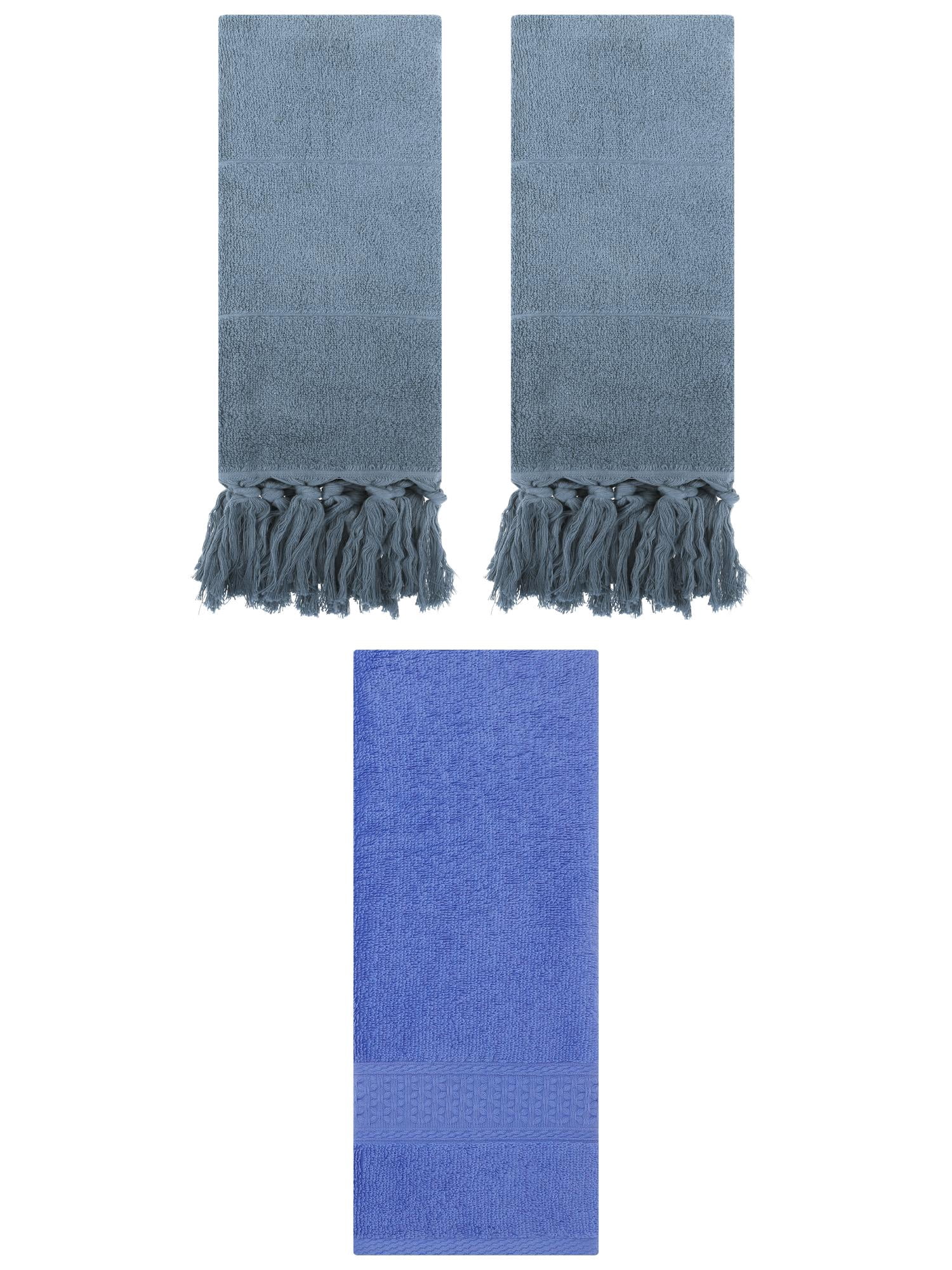 Unique Bargains 3 Packs Textured Tassels Hand Towels Blue 14" x 30"/13" x 30"