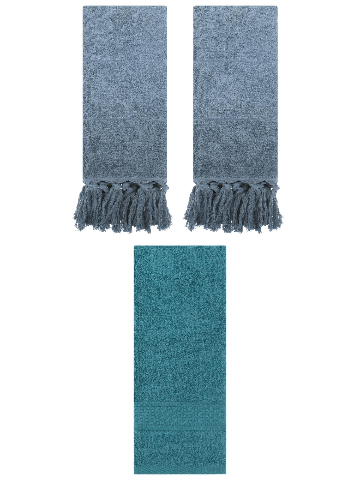 Unique Bargains 3 Packs Textured Tassels Hand Towels Blue/Dark Green 14" x 30"/13" x 30"