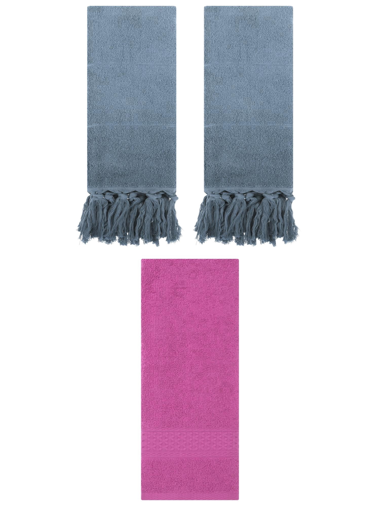 Unique Bargains 3 Packs Textured Tassels Hand Towels Blue/Dark Pink 14" x 30"/13" x 30"