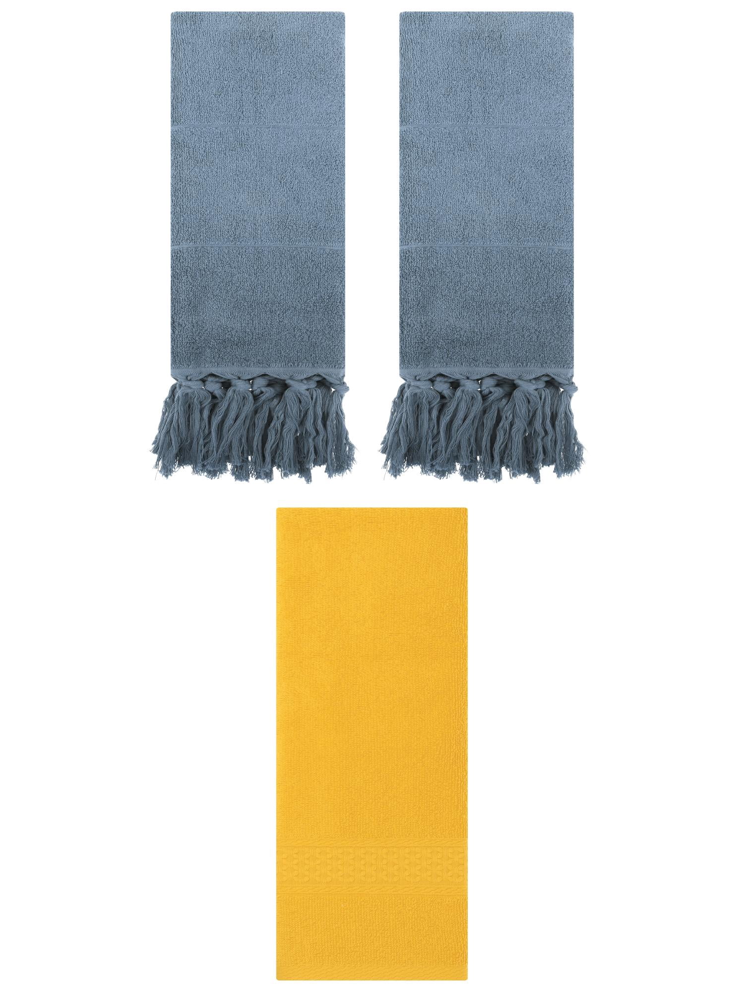 Unique Bargains 3 Packs Textured Tassels Hand Towels Blue/Yellow 14" x 30"/13" x 30"