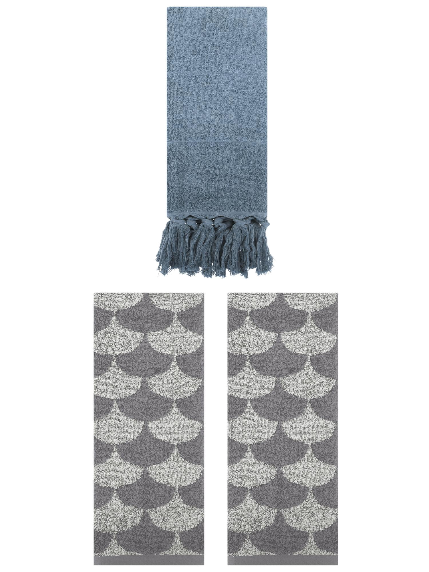 Unique Bargains 3 Pack Cotton Geometric and Solid Absorbent Soft Hand Towel for Bathroom Blue/Grey 14" x 30"/13" x 29"