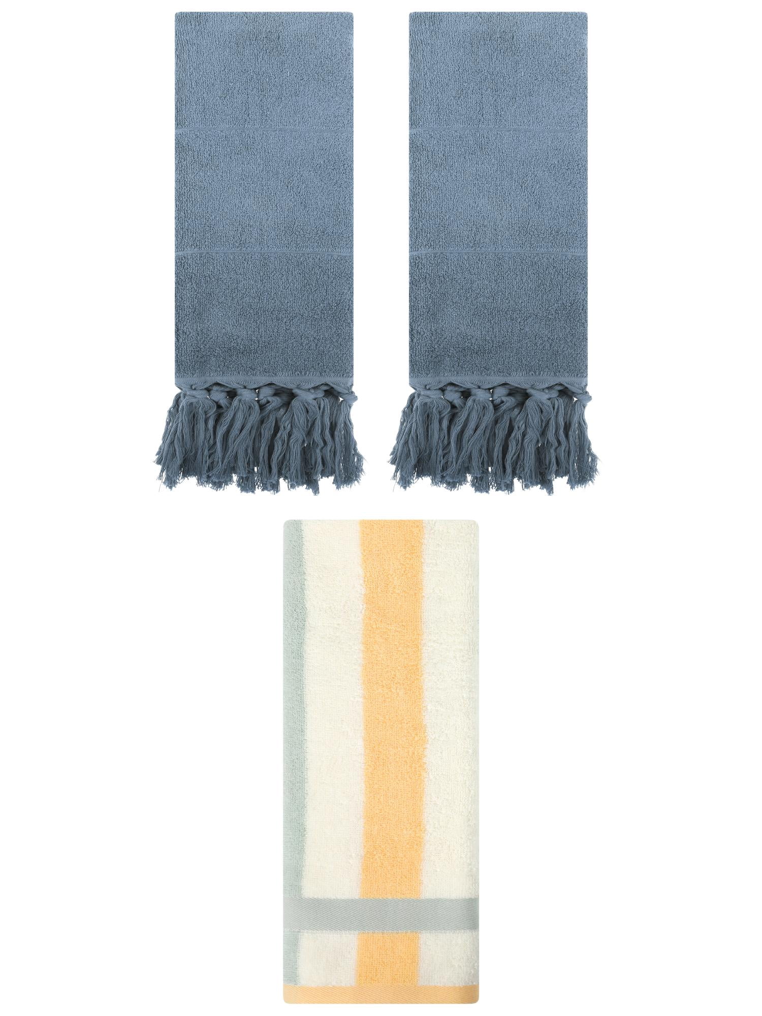 Unique Bargains 3 Pack Cotton Absorbent Soft Decorative Bathroom Hand Towel Set Blue/Blue Orange 14" x 30"/13" x 29"