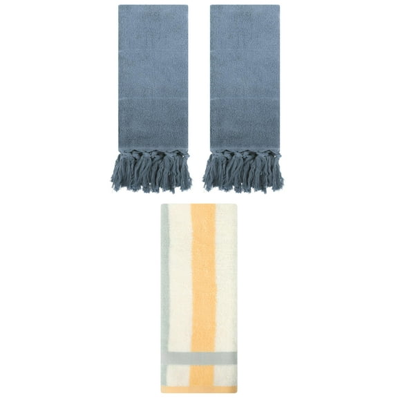 Unique Bargains 3 Pack Cotton Absorbent Soft Decorative Bathroom Hand Towel Set Blue/Blue Orange 14" x 30"/13" x 29"