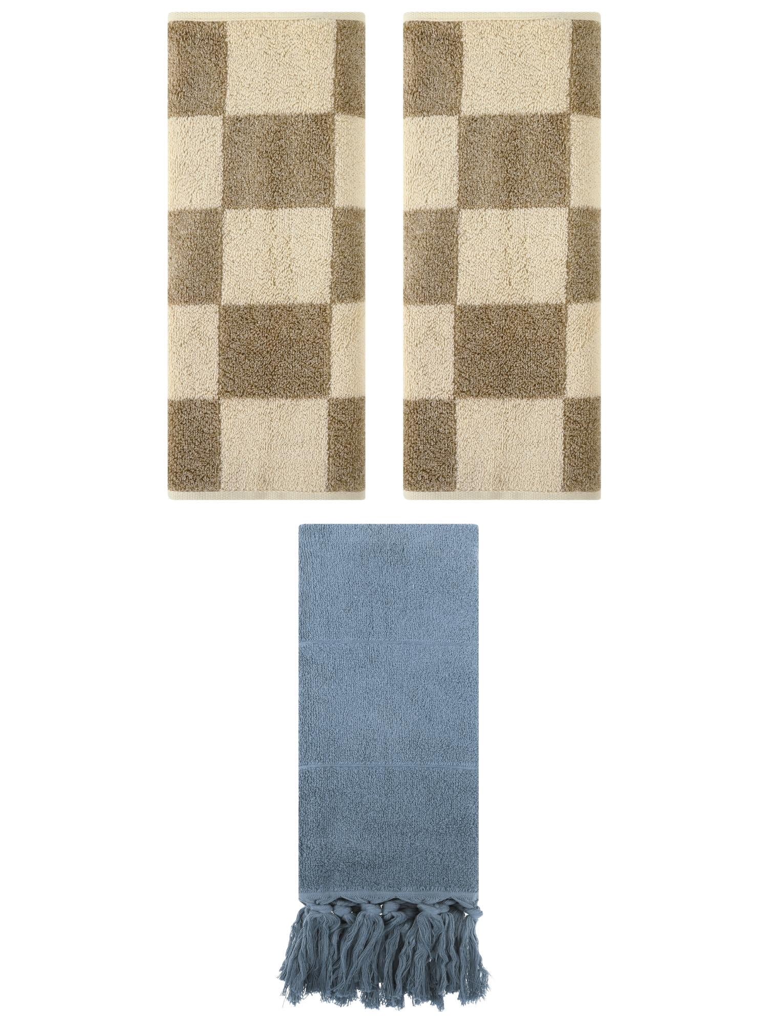 Unique Bargains 3 Pack Checkered and Tassels Absorbent Soft Cotton Bathroom Hand Towel Blue/Brown 14" x 30"/14" x 28"