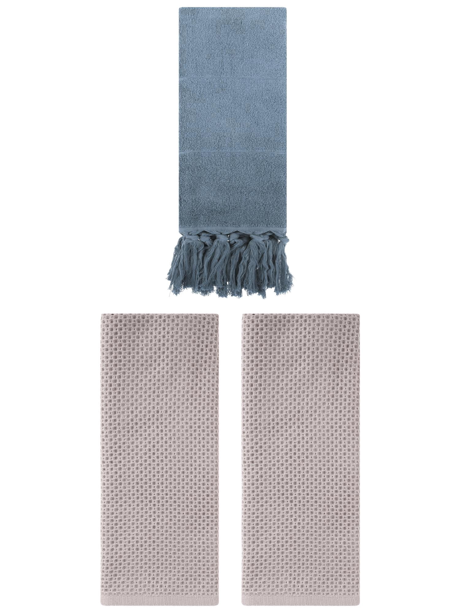 Unique Bargains 3 Pack Cotton Soft Absorbent Tassels and Waffle Hand Towel Blue/Camel 14" x 30"/13" x 30"