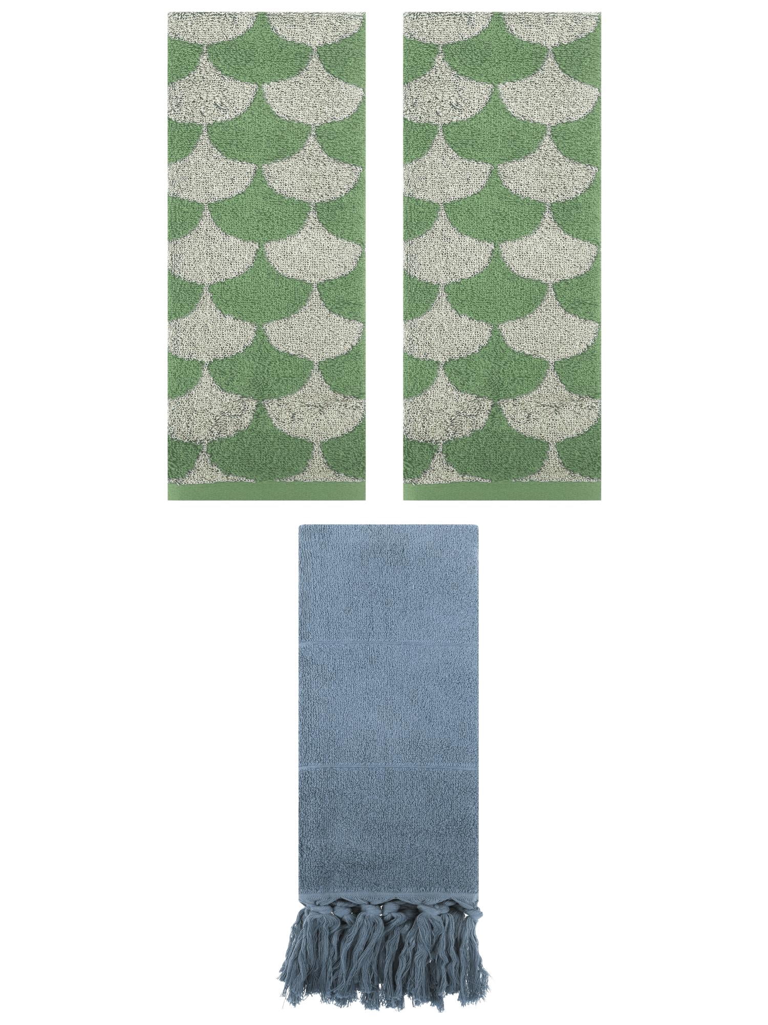 Unique Bargains 3 Pack Cotton Geometric and Solid Absorbent Soft Hand Towel for Bathroom Blue/Green 14" x 30"/13" x 29"