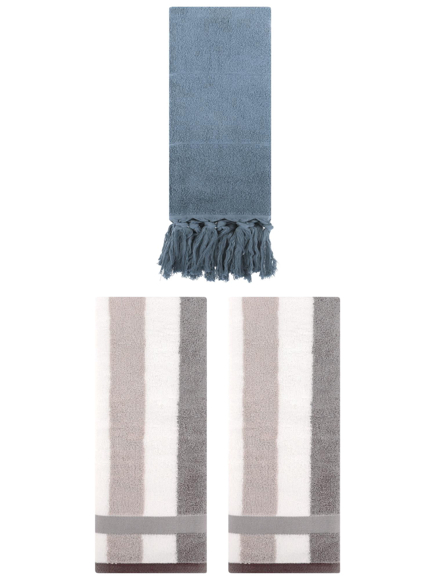 Unique Bargains 3 Pack Cotton Absorbent Soft Decorative Bathroom Hand Towel for Kitchen Blue/Grey 14" x 30"/13" x 29"