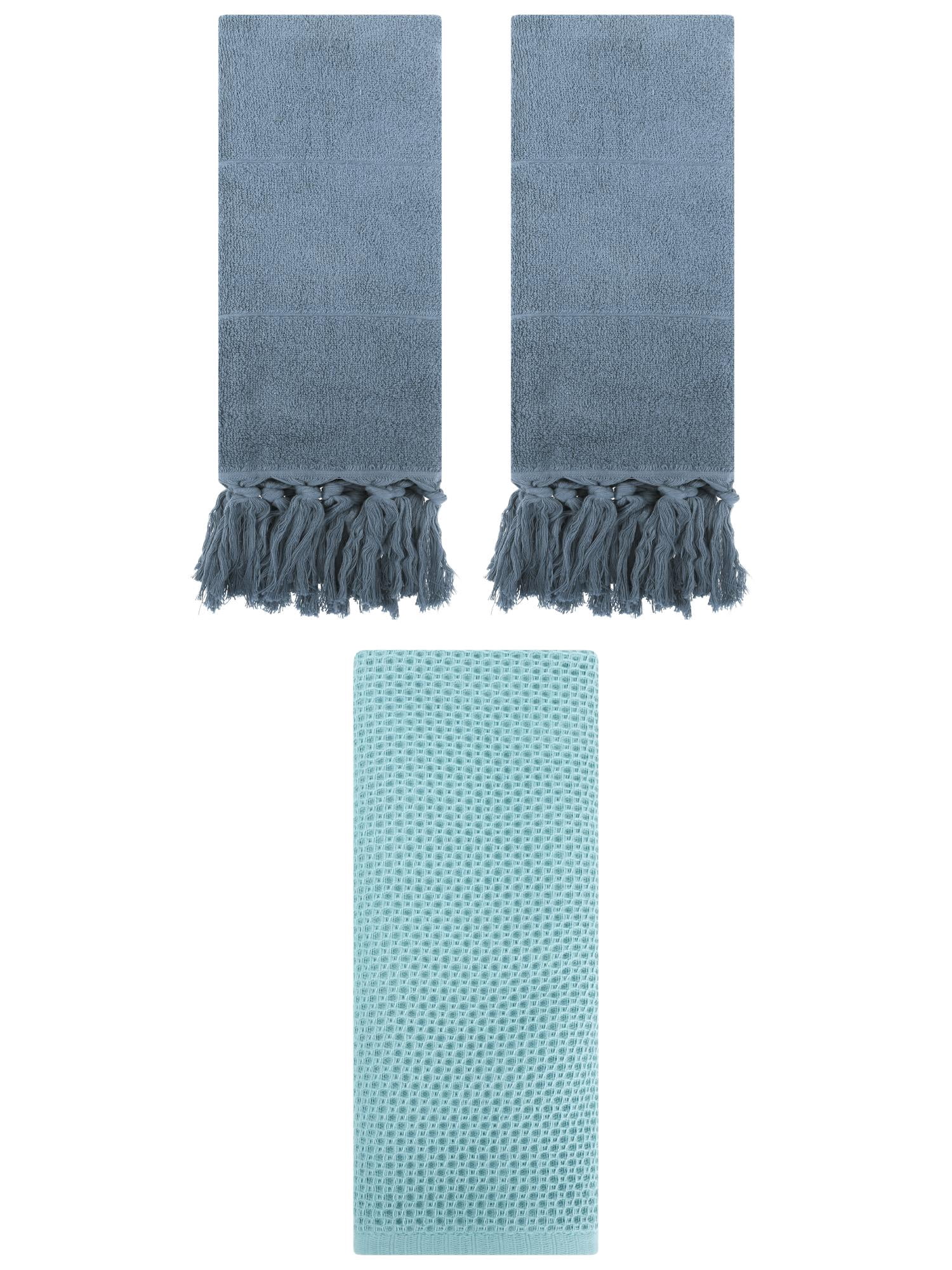 Unique Bargains 3 Pack Cotton Soft Absorbent Tassels and Waffle Decorative Hand Towel Blue/Light Blue 14" x 30"/13" x 30"