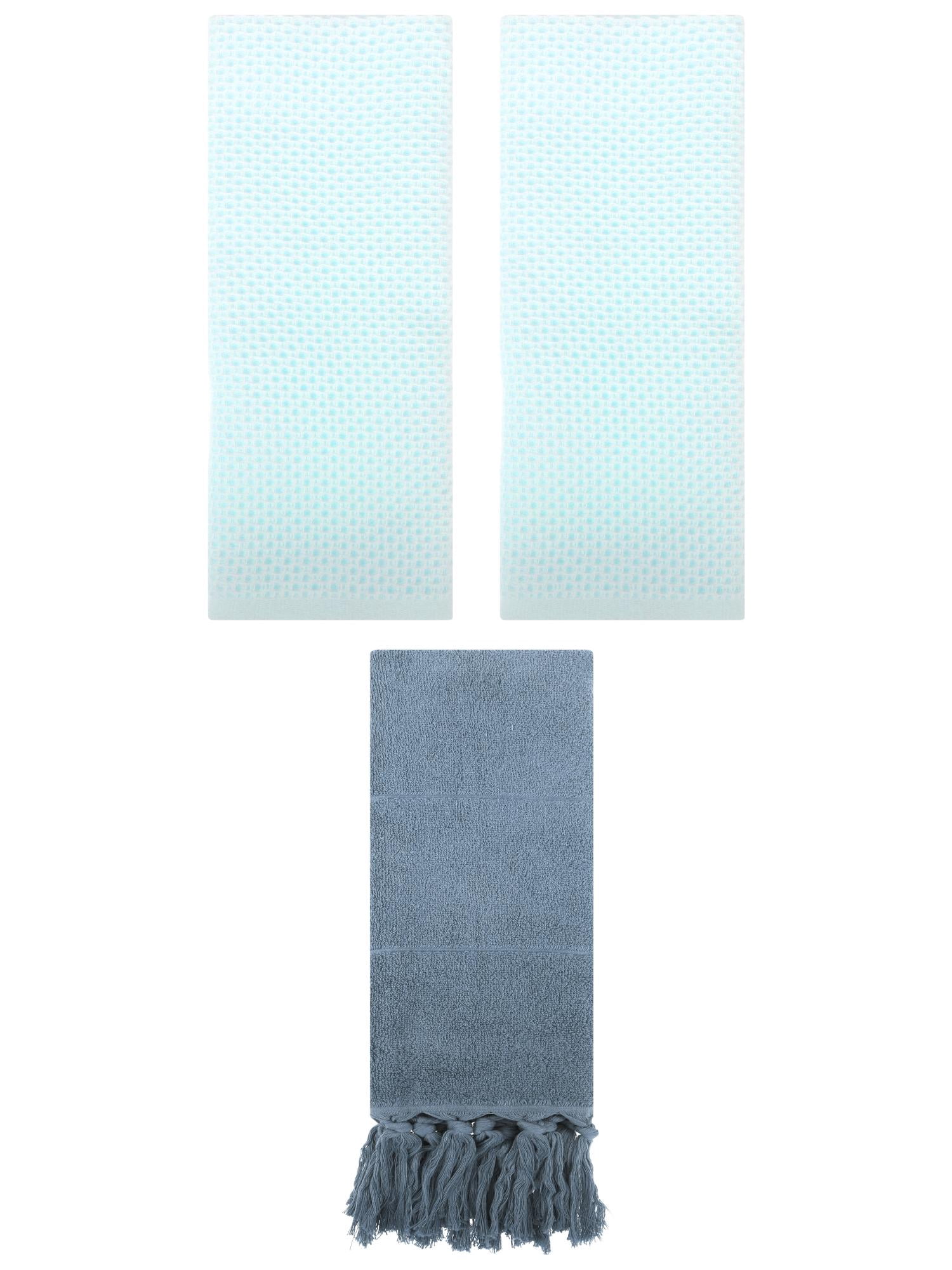 Unique Bargains 3 Pack Cotton Soft Absorbent Tassels and Waffle Hand Towel Blue/Light Cyan 14" x 30"/13" x 30"