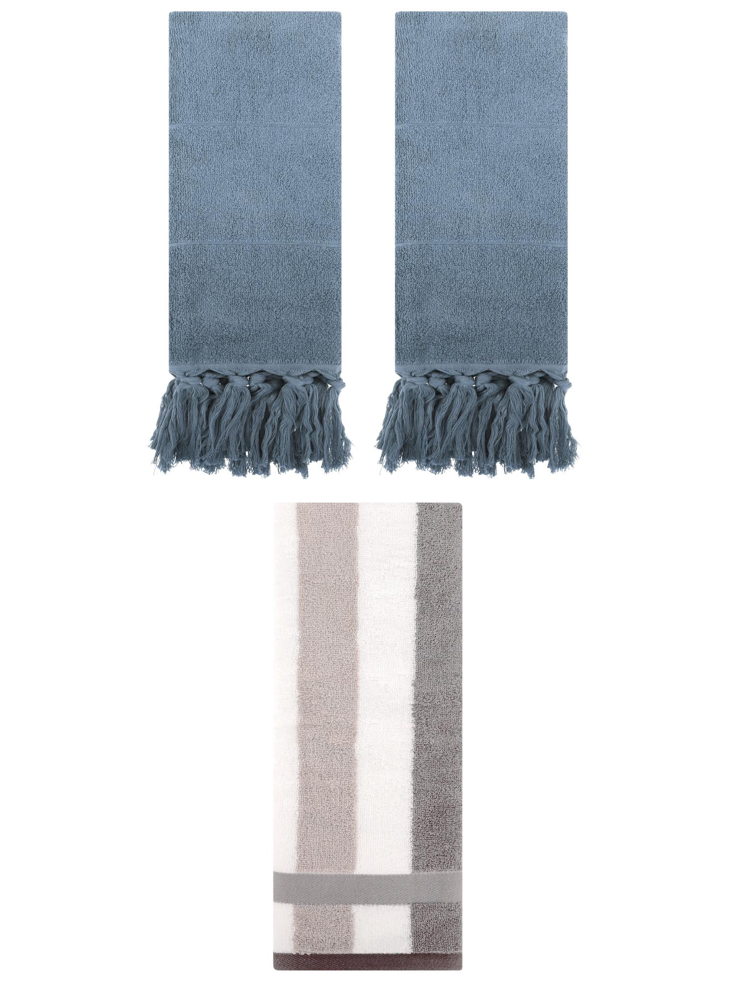 Unique Bargains 3 Pack Cotton Absorbent Soft Decorative Bathroom Hand Towel Set Blue/Grey 14" x 30"/13" x 29"