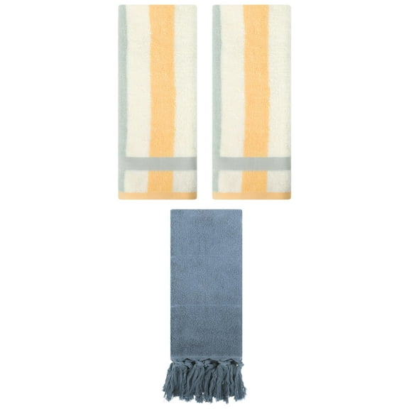 Unique Bargains 3 Pack Cotton Absorbent Soft Decorative Bathroom Hand Towel for Kitchen Blue/Blue Orange 14" x 30"/13" x 29"