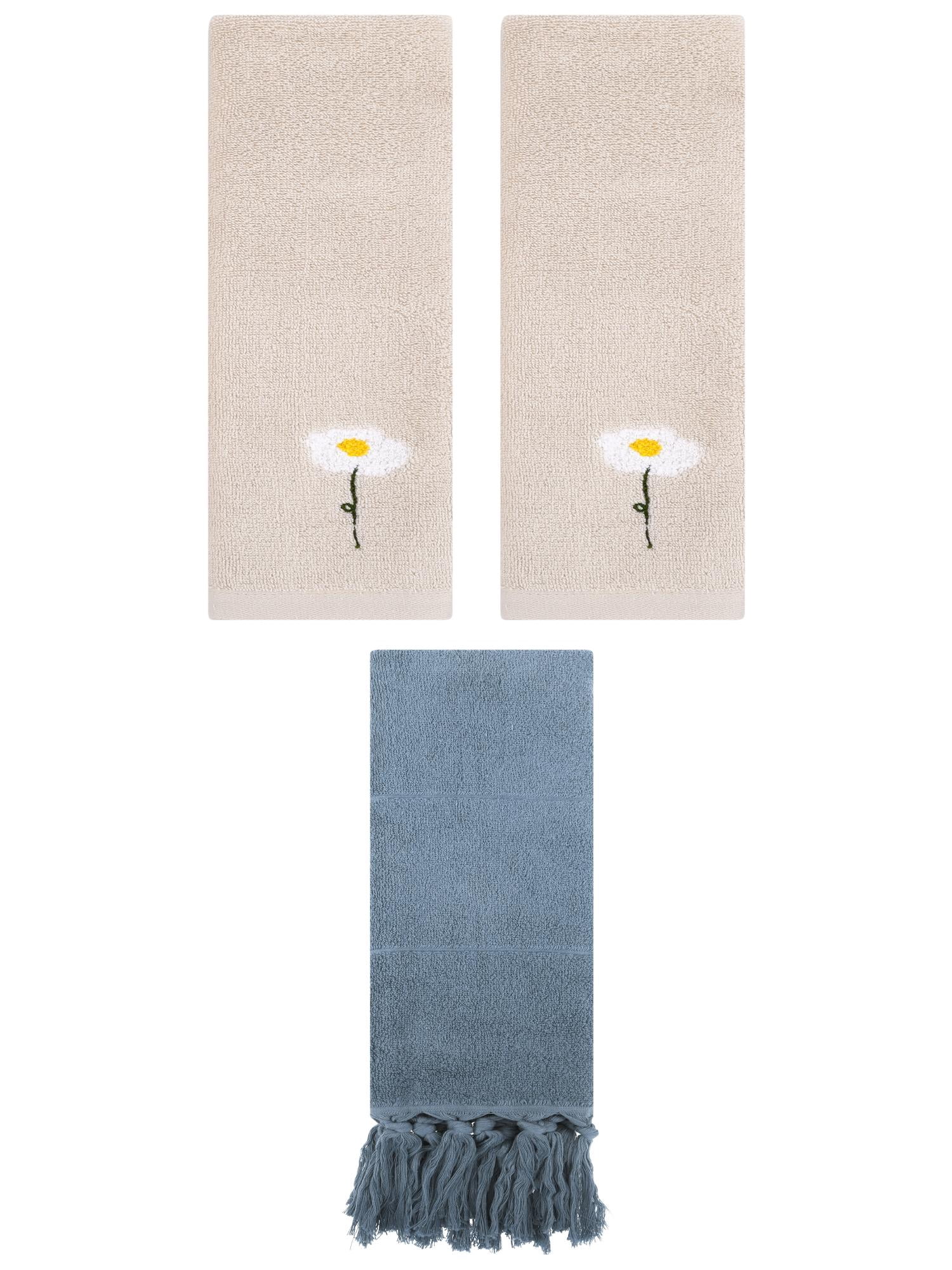 Unique Bargains 3 Pack Cotton Soft Absorbent Floral Pattern and Solid Hand Towels Blue/Light Brown 14" x 30"/13" x 30"