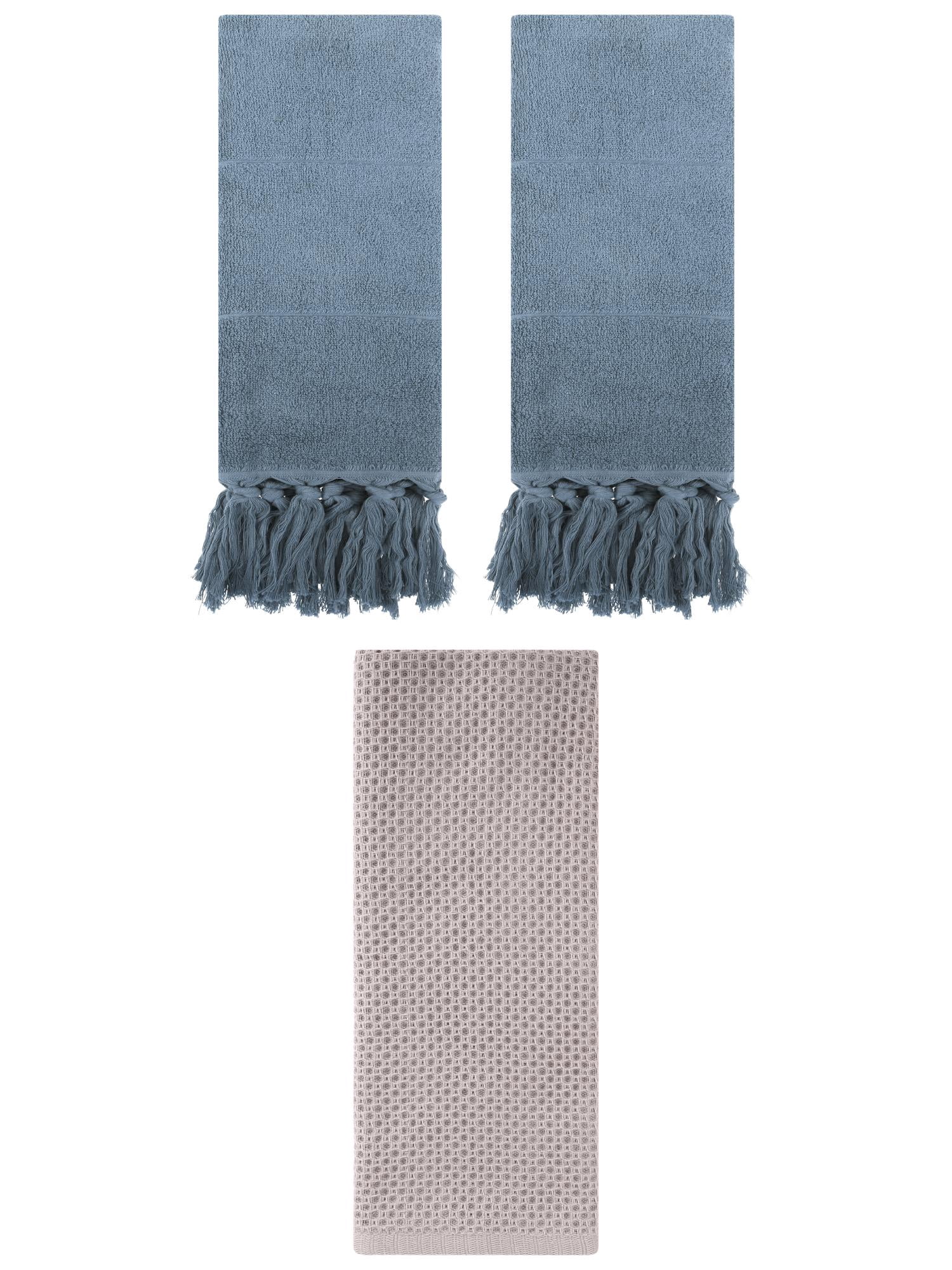 Unique Bargains 3 Pack Cotton Soft Absorbent Tassels and Waffle Decorative Hand Towel Blue/Camel 14" x 30"/13" x 30"