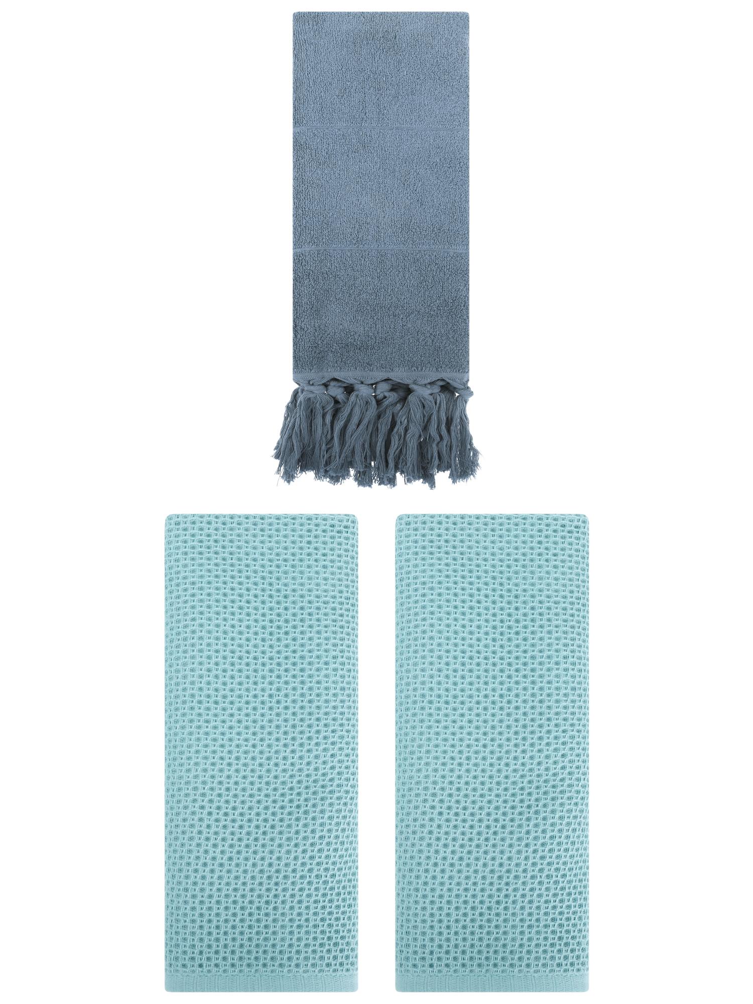 Unique Bargains 3 Pack Cotton Soft Absorbent Tassels and Waffle Hand Towel Blue/Light Blue 14" x 30"/13" x 30"