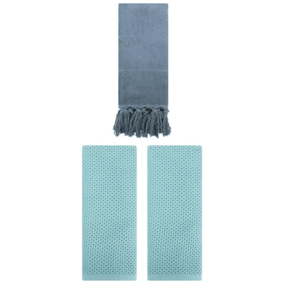 Unique Bargains 3 Pack Cotton Soft Absorbent Tassels and Waffle Hand Towel Blue/Light Blue 14" x 30"/13" x 30"