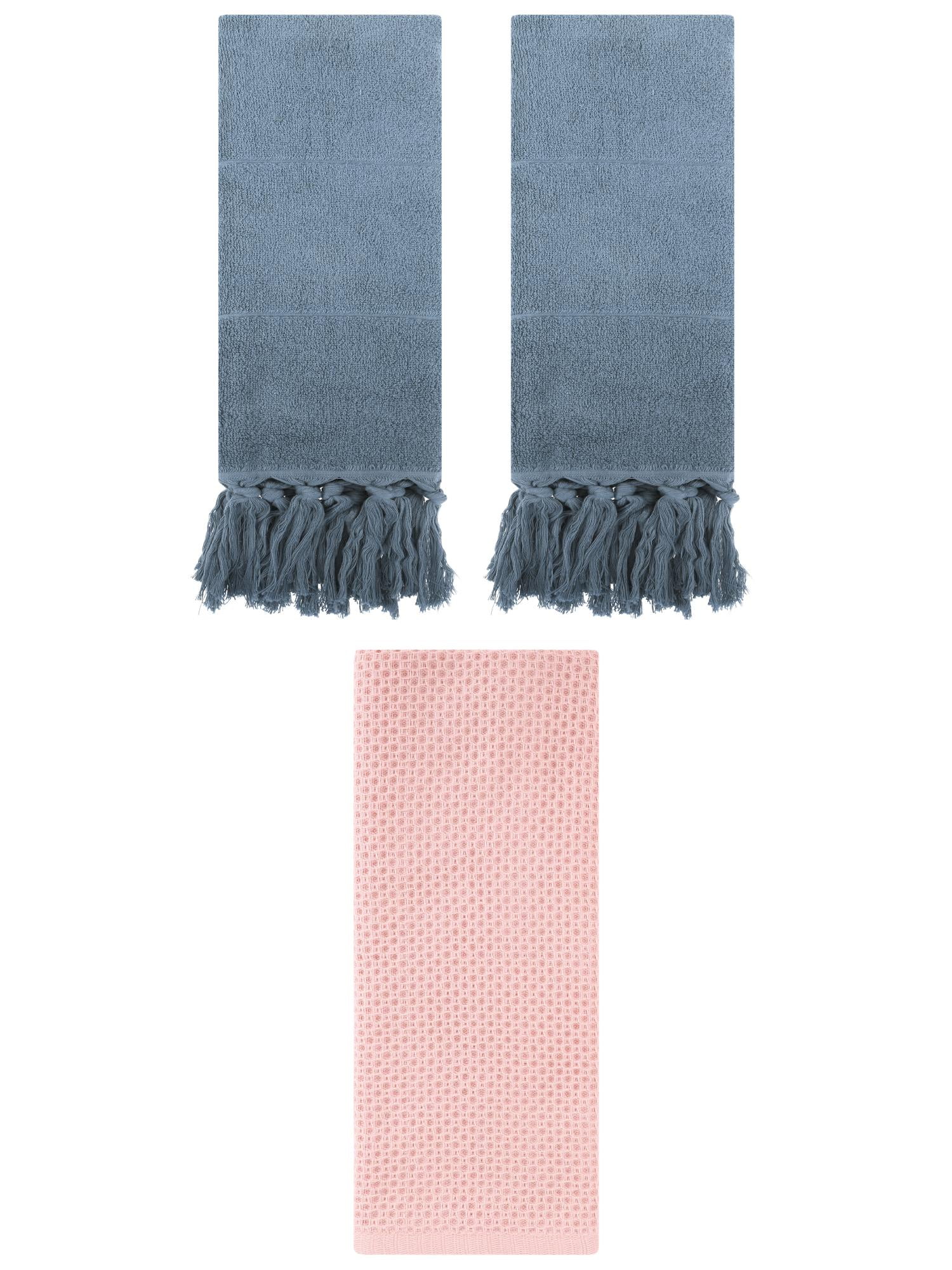 Unique Bargains 3 Pack Cotton Soft Absorbent Tassels and Waffle Decorative Hand Towel Blue/Pink 14" x 30"/13" x 30"
