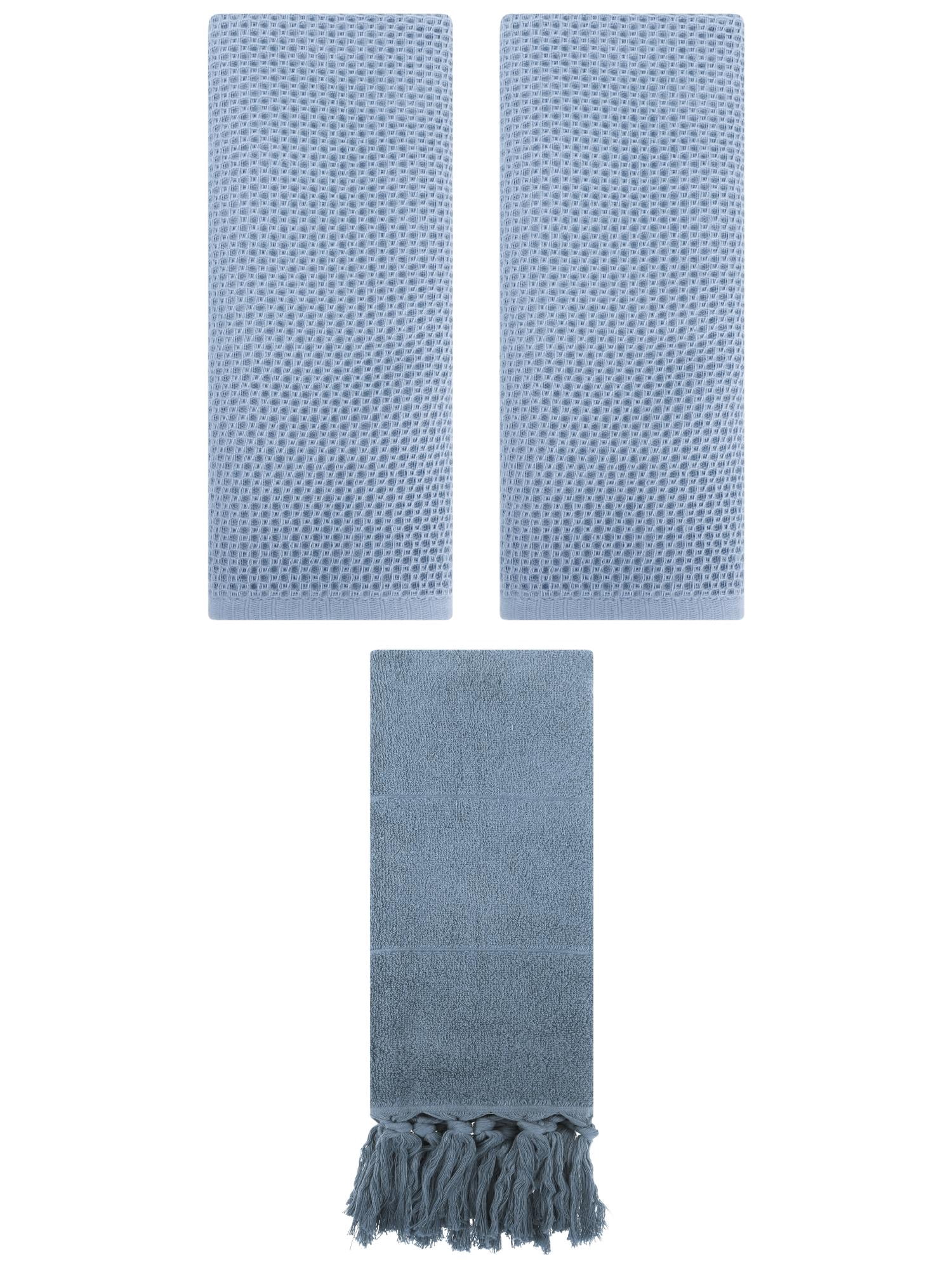 Unique Bargains 3 Pack Cotton Soft Absorbent Tassels and Waffle Hand Towel Blue/Steel Blue 14" x 30"/13" x 30"