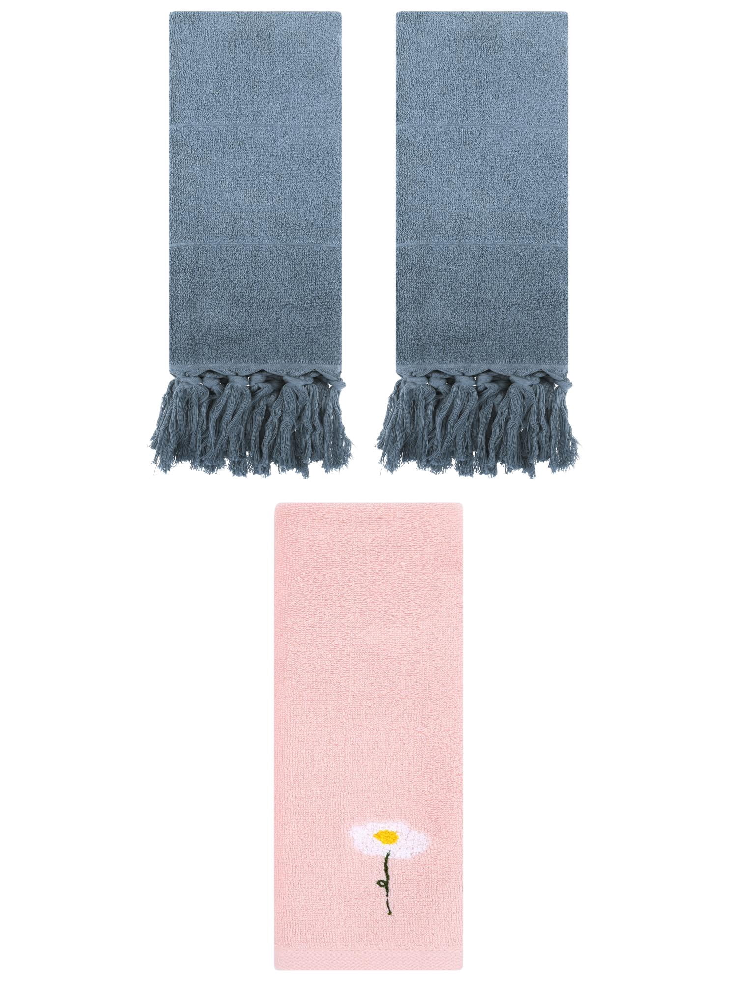 Unique Bargains 3 Pack Cotton Soft Absorbent Floral Pattern and Solid Hand Towel Set Blue/Pink 14" x 30"/13" x 30"